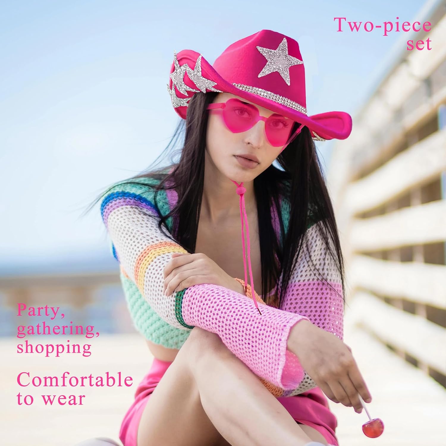 White Cowgirl Hat with Heart Sunglasses - Cowboy Hat with Glitter Star Fits Women for Bachelorette Themed Party (Hot Pink Star) - Image 5