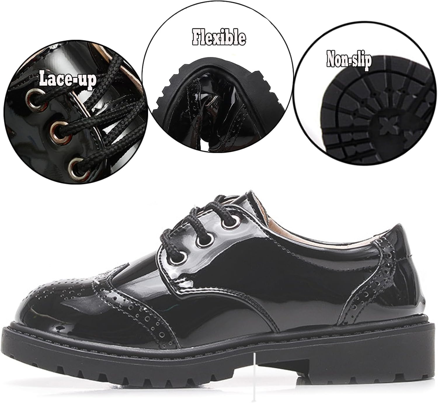 WUIWUIYU Boys Black Oxfords Flats Brogues School Uniform Dress Shoes