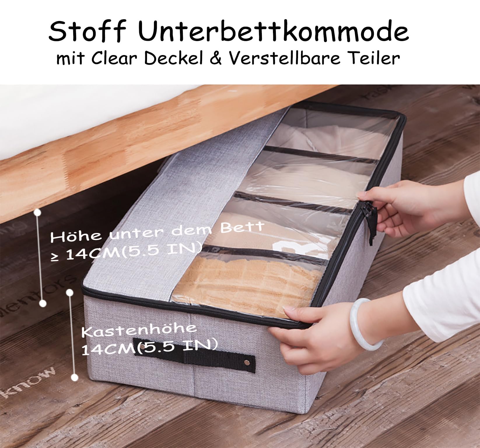 AARAINBOW Stoff Unterbettkommode mit Verstellbaren Zellen, Unterbett Schuhe Aufbewahrungsbox mit Deckel, 2 Stück, 24L, 58 cm, Faltbare Unterbett Schuhe Kleidung Aufbewahrung mit Griff (2 Grau) Küche, Haushalt & Wohnen