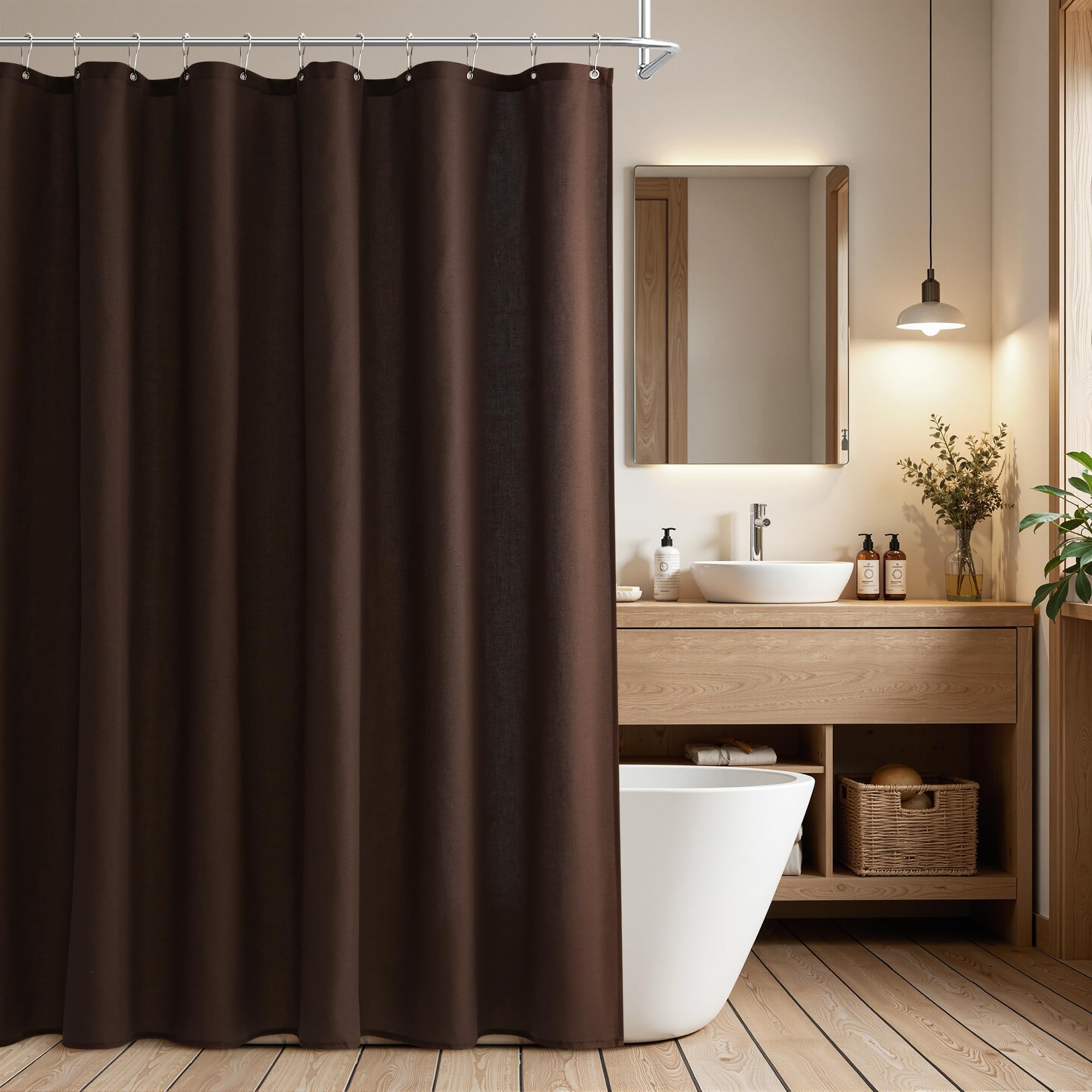 Naturoom Linen Shower Curtain 80 Inch Long for Bathroom Coffee Brown