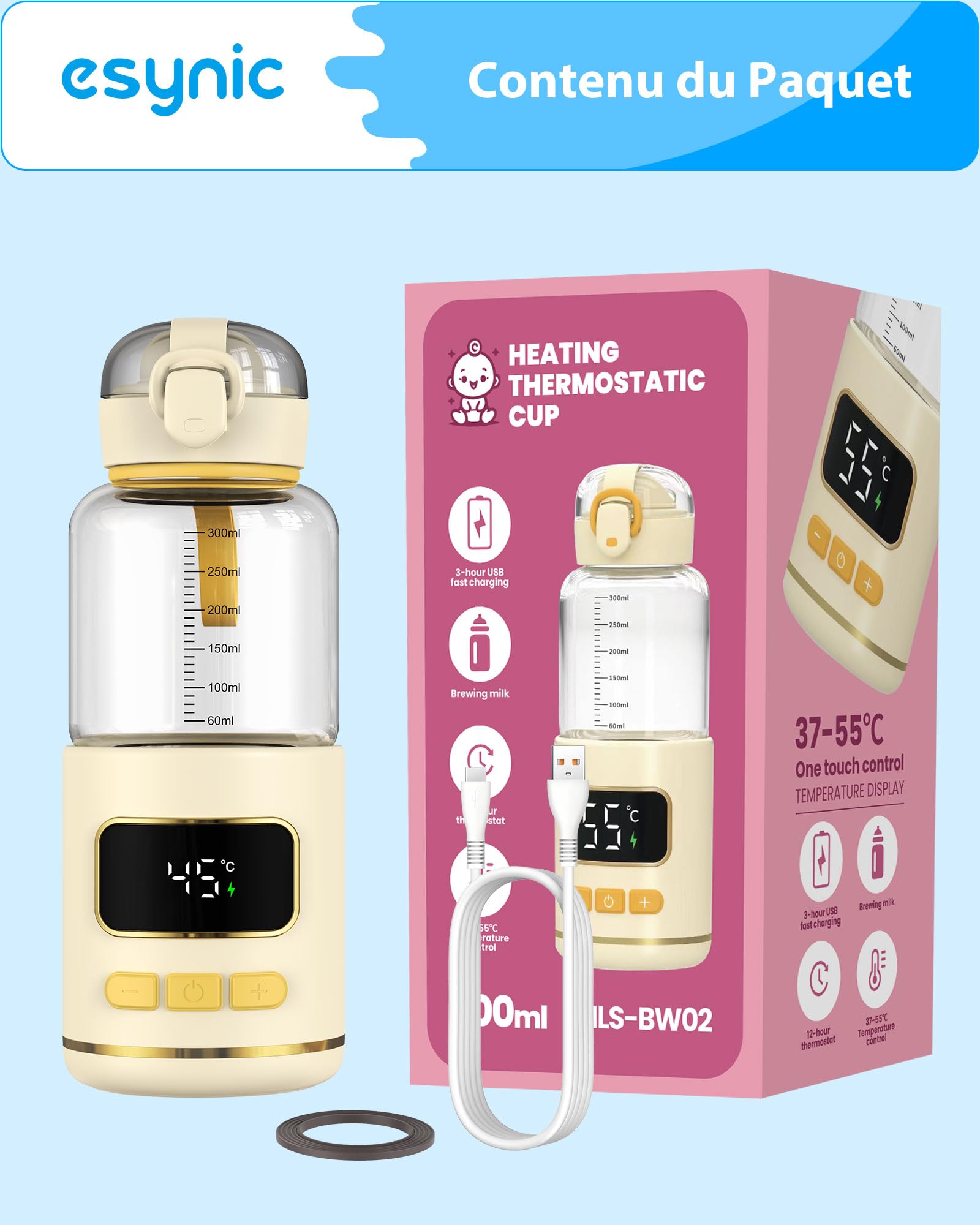 eSynic Chauffe Biberon Nomade Capacité 300ml sans Fil Écran Digital Verre Borosilicaté Graduations Claires Chauffe biberon Portable Contrôle de Température 37–55°C Batterie 15000mAh pour Voyage Sortie