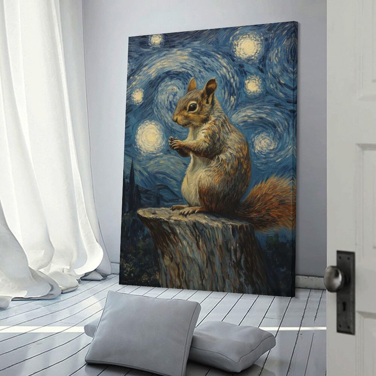 Junmoney Frame-Style-12 Squirrel Under Starry Night Room Decor Wall Art 12X18inch(30X45cm), For Bedroom Decor, Cosy Corners Or Studios, A Warm Accent For Relaxed Interiors