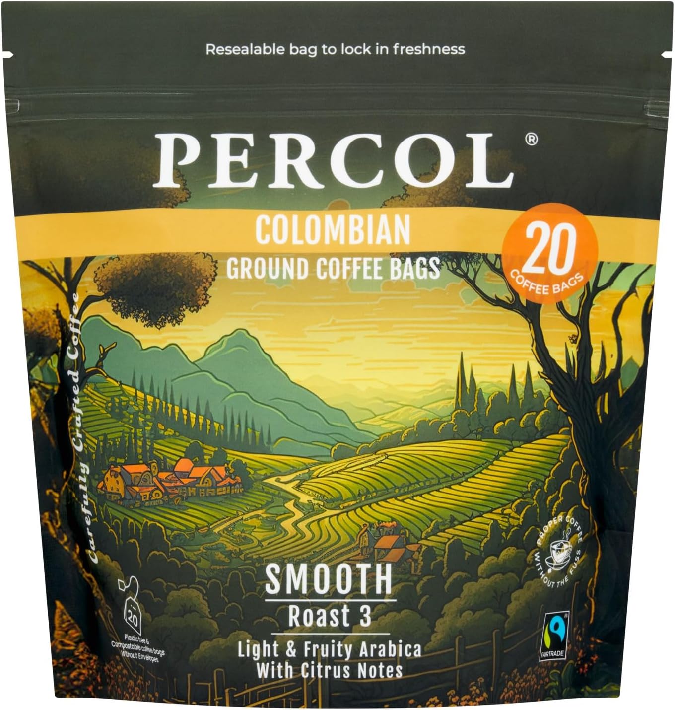 Percol - Colombian Loose Packed Ground Coffee Bags (80x8g), Luxury Roast & Ground, Fairtrade, Hand-Picked Arabica Beans, Single Origin,Light Roast, Strength 3, Sustainable, Compostable