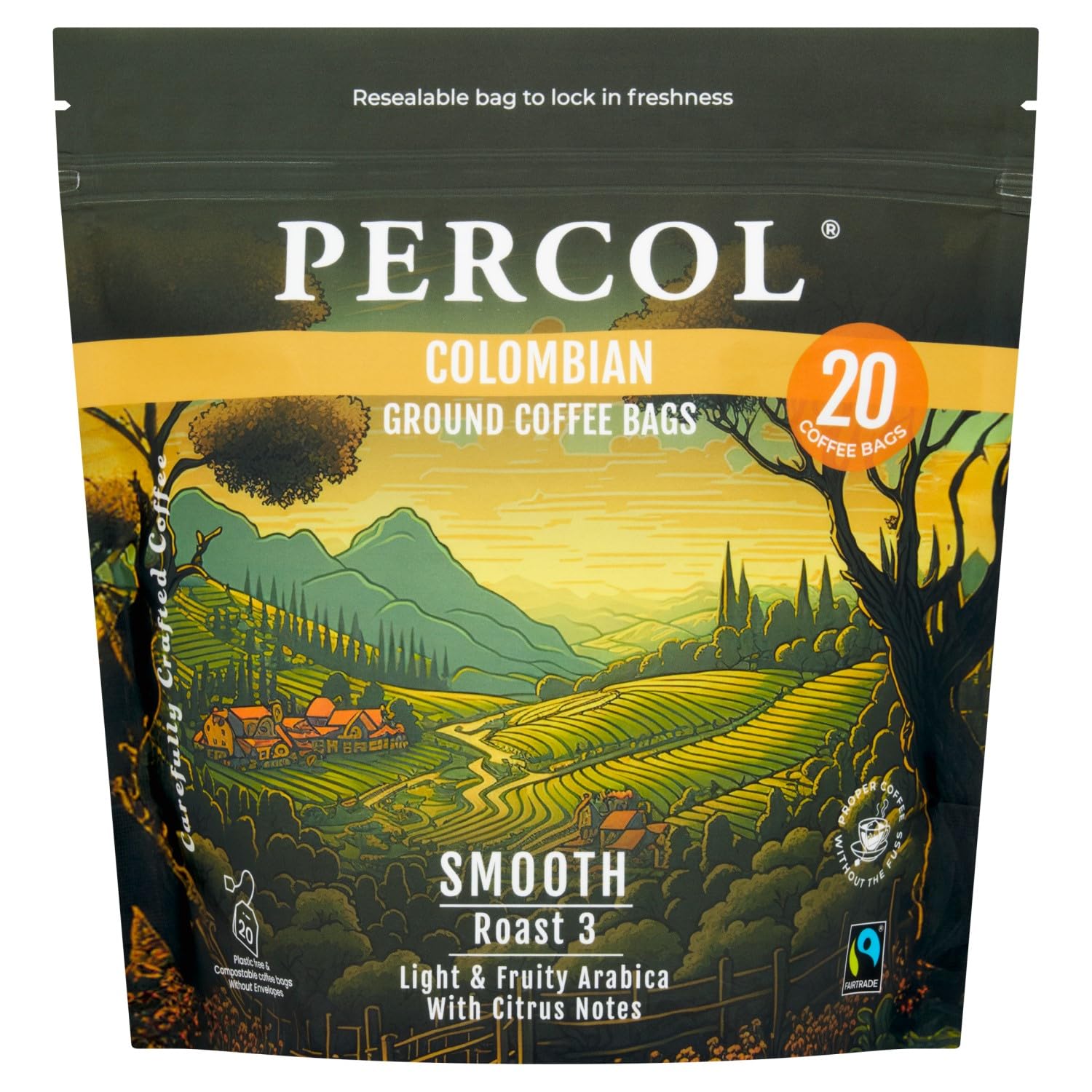 Percol - Colombian Loose Packed Ground Coffee Bags (80x8g), Luxury Roast & Ground, Fairtrade, Hand-Picked Arabica Beans, Single Origin,Light Roast, Strength 3, Sustainable, Compostable