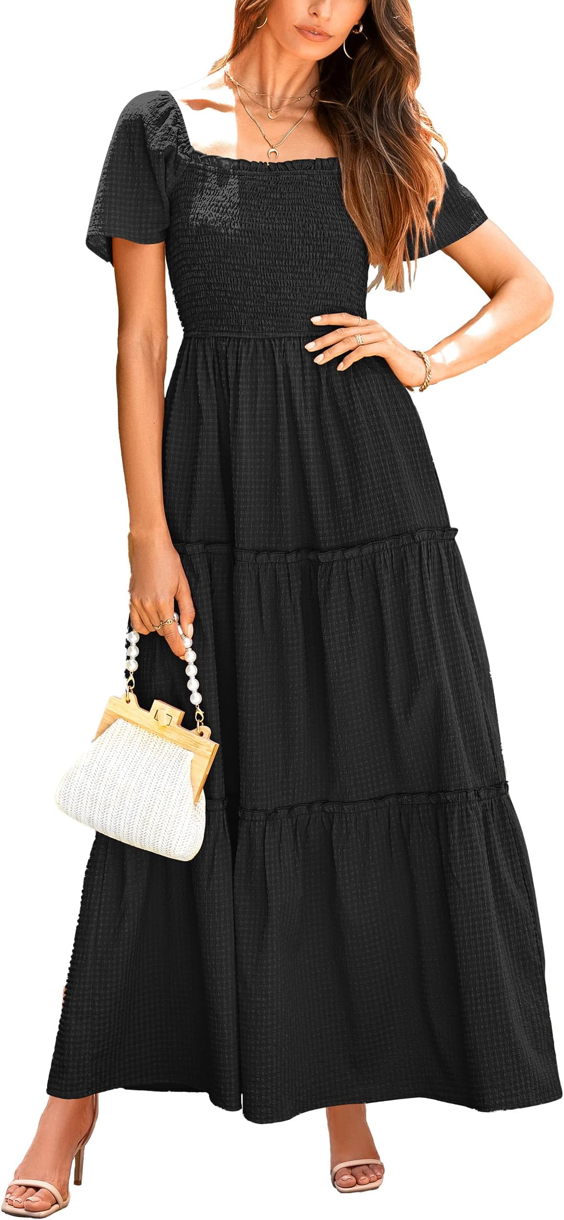 PRETTYGARDENWomen's Summer Maxi Dress Short Sleeve Square Neck Smocked Tiered Ruffle Long Flowy Boho Dresses with Pockets