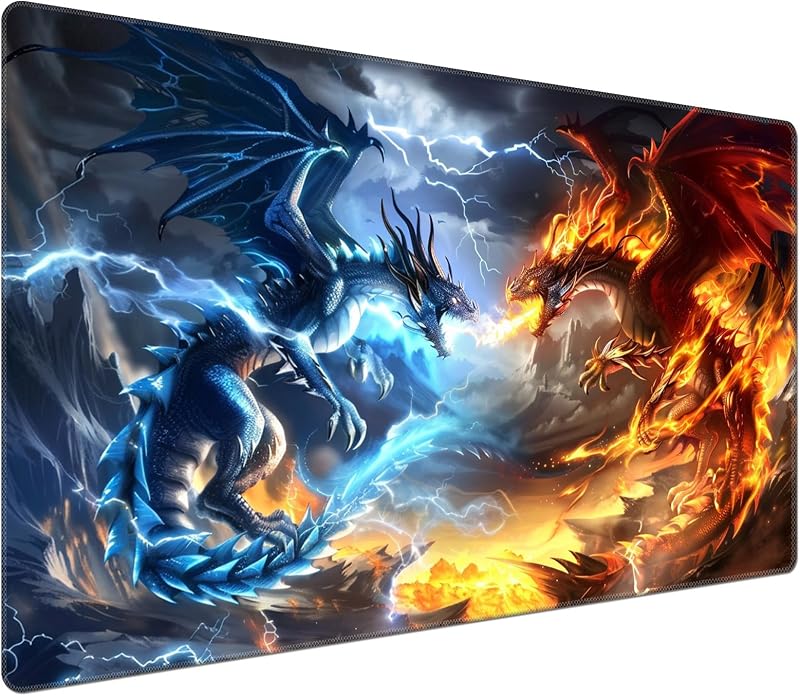 for MTG Playmat with Zones 24 x 14 inches for TCG Playmats Non-Slip Rubber Base Commander Play Mat for Magic The Gathering Playmat Iorcana Trading Card Game, Two Dragons are Fighting
