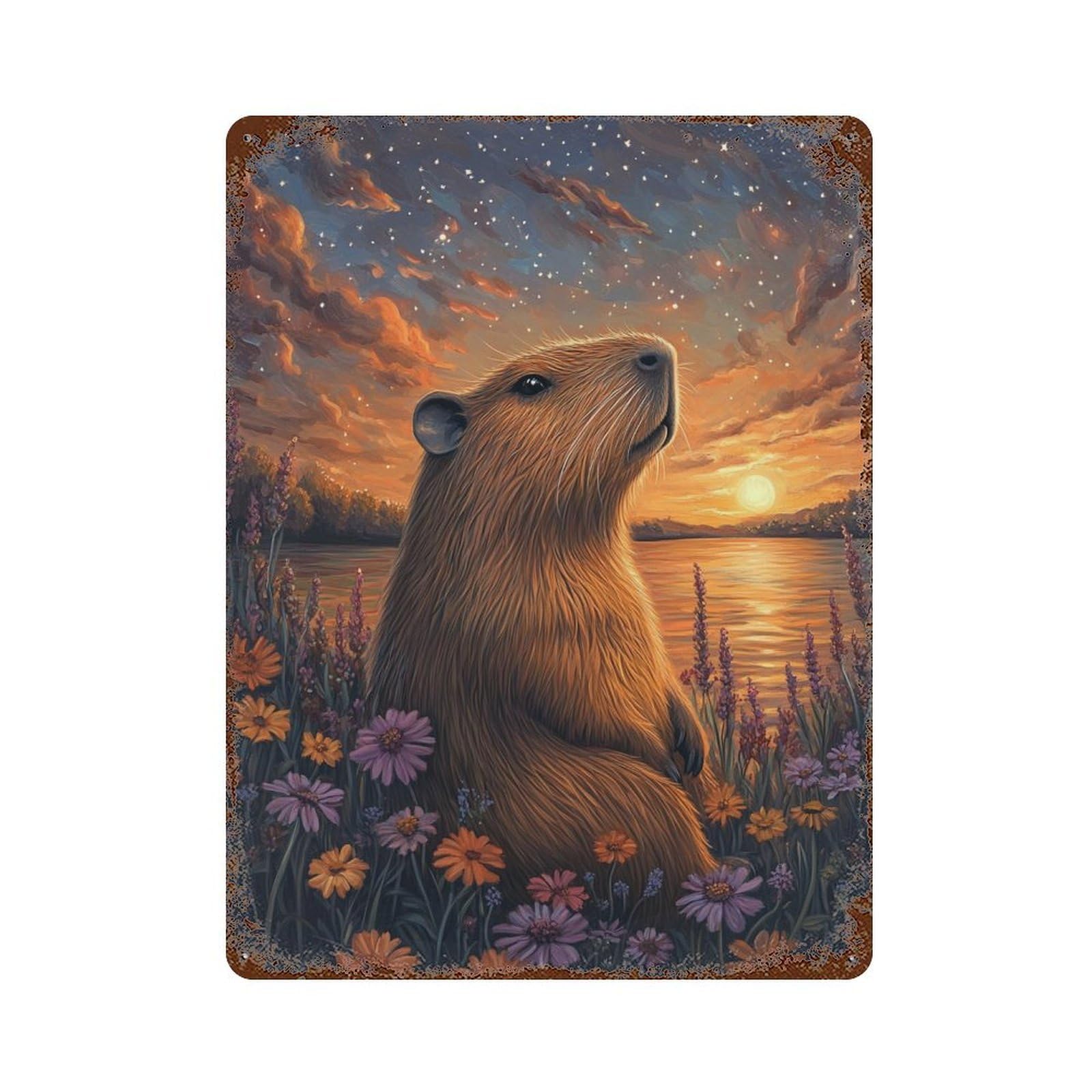 Rust Effect Capybara Sunset Flowers Rusty Metal Tin Sign 15.7"x11.8", Decorative Metal Wall Art for Farmhouse, Kitchen And Entryway Decor