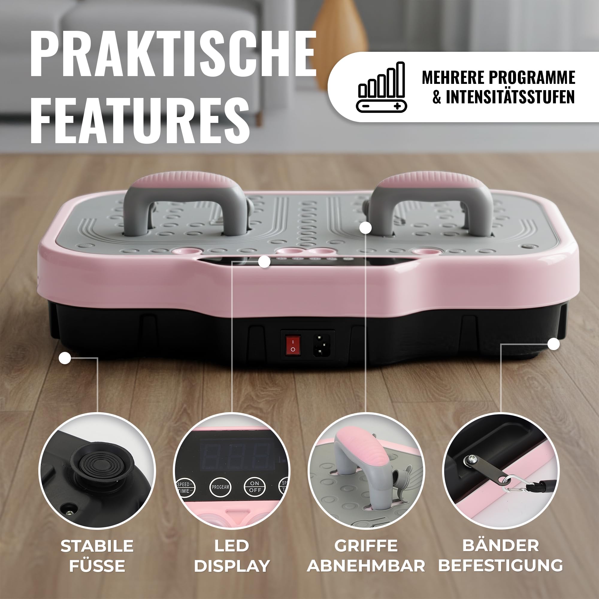 Vibrationsplatte für Körpertraining & Fußmassage mit Liegestützgriffen - Massagegerät mit 200 Stufen, Bluetooth & LED Display, Balance Board incl. Fernbedienung & Bändern für Fitness