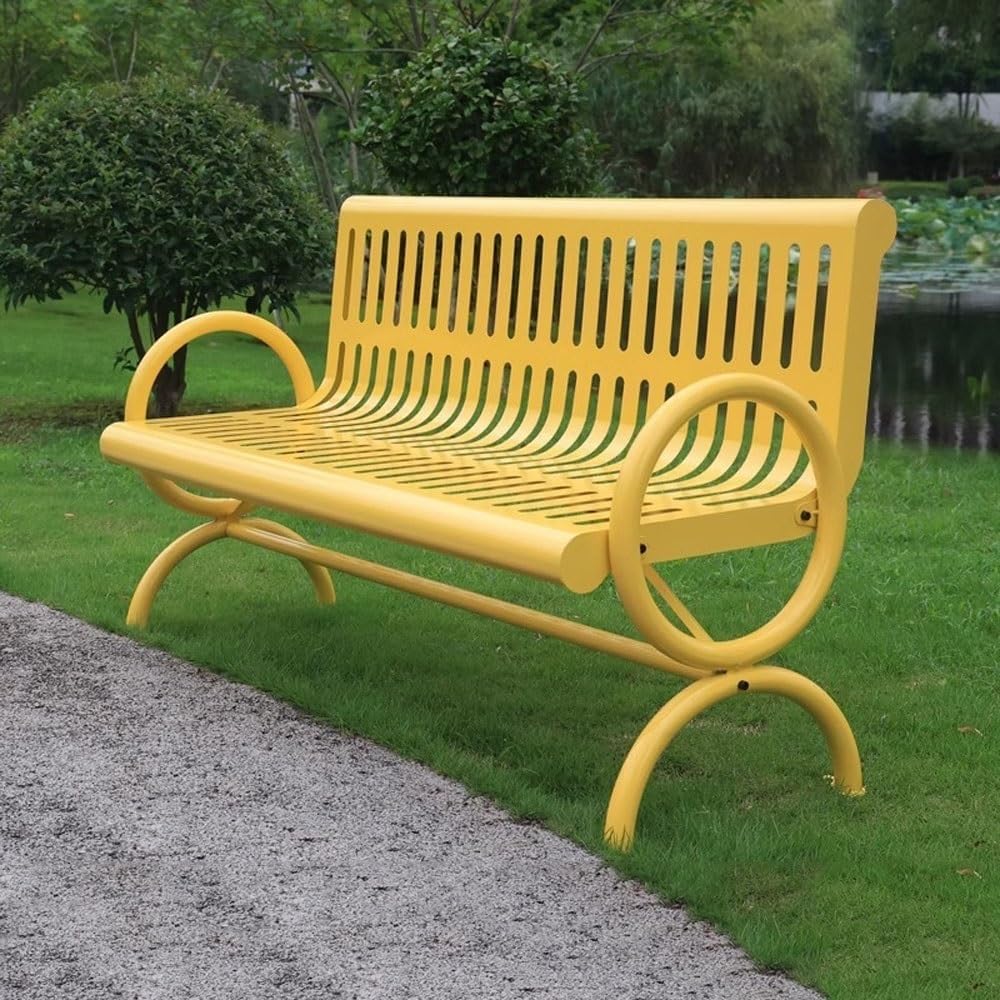 Outdoor Bench Outdoor Metal Bench with Comfortable Seat Back, Garden Furniture Multiple People Bench Seat, for Park Patio Yard Yellow Park Garden Bench(Large)