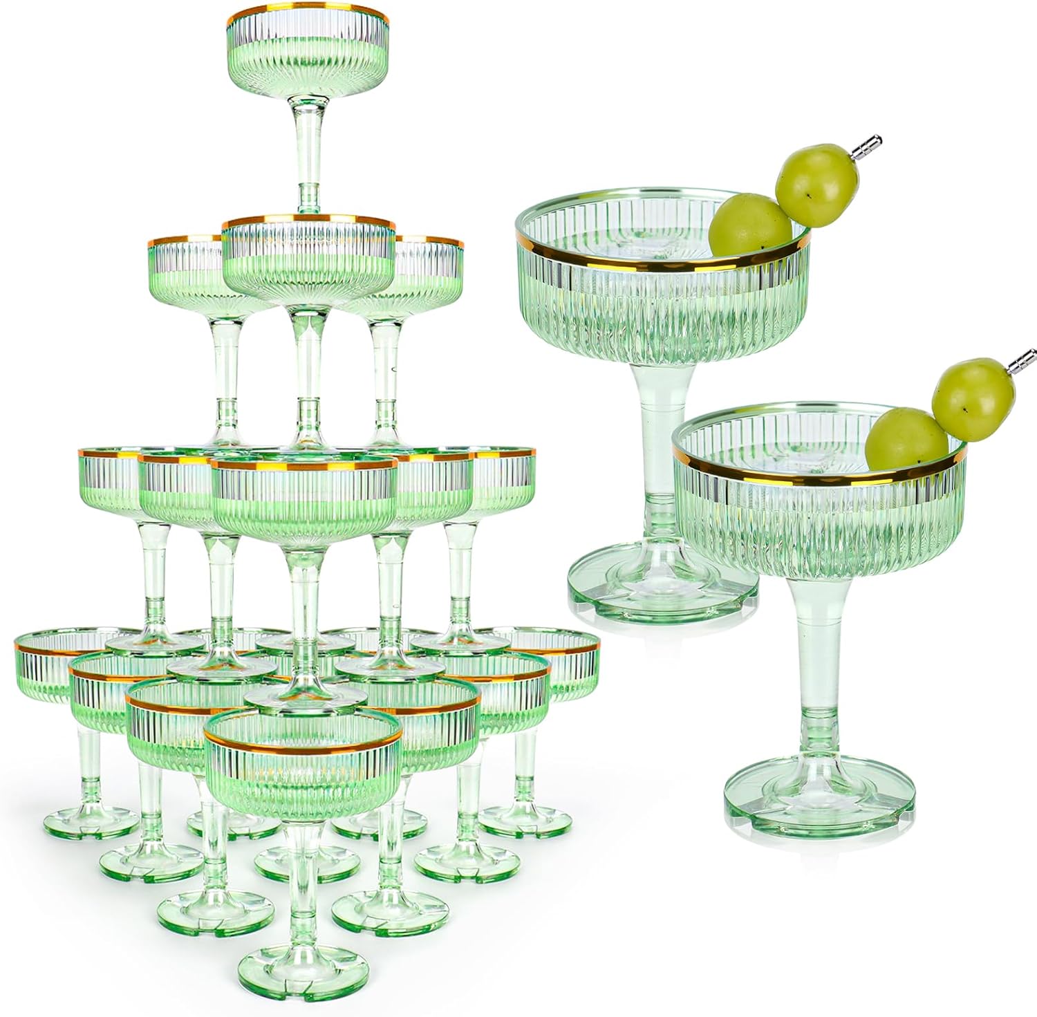 30 Pack Plastic Champagne Tower Glasses 5oz Green Champagne Coupe Glasses Disposable Martini Glasses With Gold Rim Stackable Champagne Flutes Cocktail For Christmas Wedding Birthday Party
