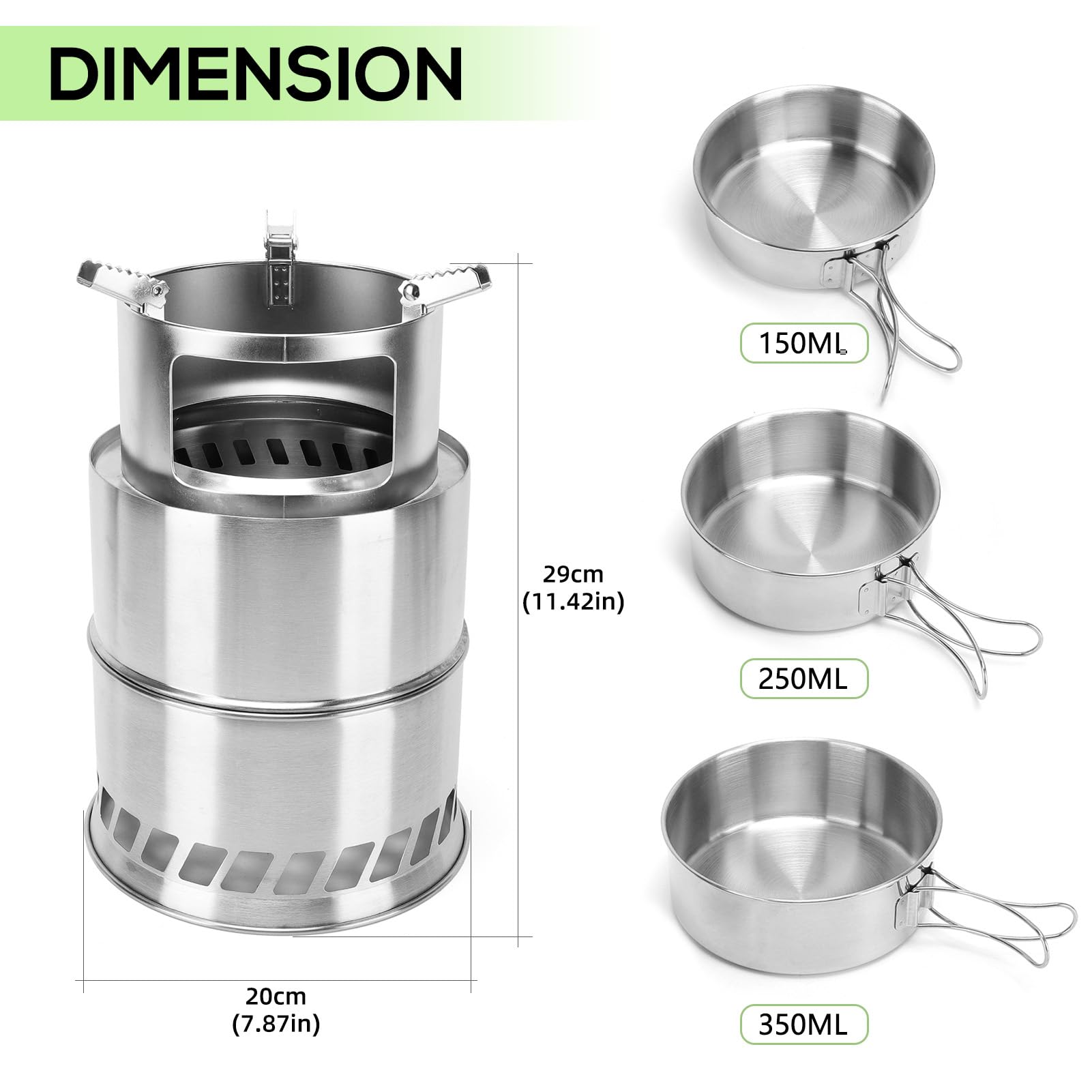 Kit de Utensilios Cocina Camping 11 piezas acero inoxidable 304 con hornillo de leña portátil cocina outdoor con olla sartén platos cubiertos senderismo mochila (Juego horno grande)