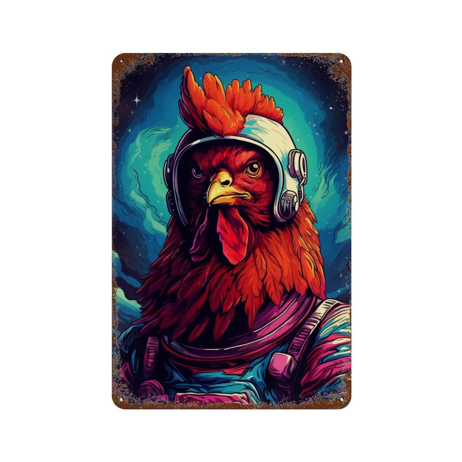 Space Chicken Explorer-4 Retro Metal Sign 11.8"x7.9", Novelty Wall Decor for Farmhouse, Kitchen And Entryway Decor