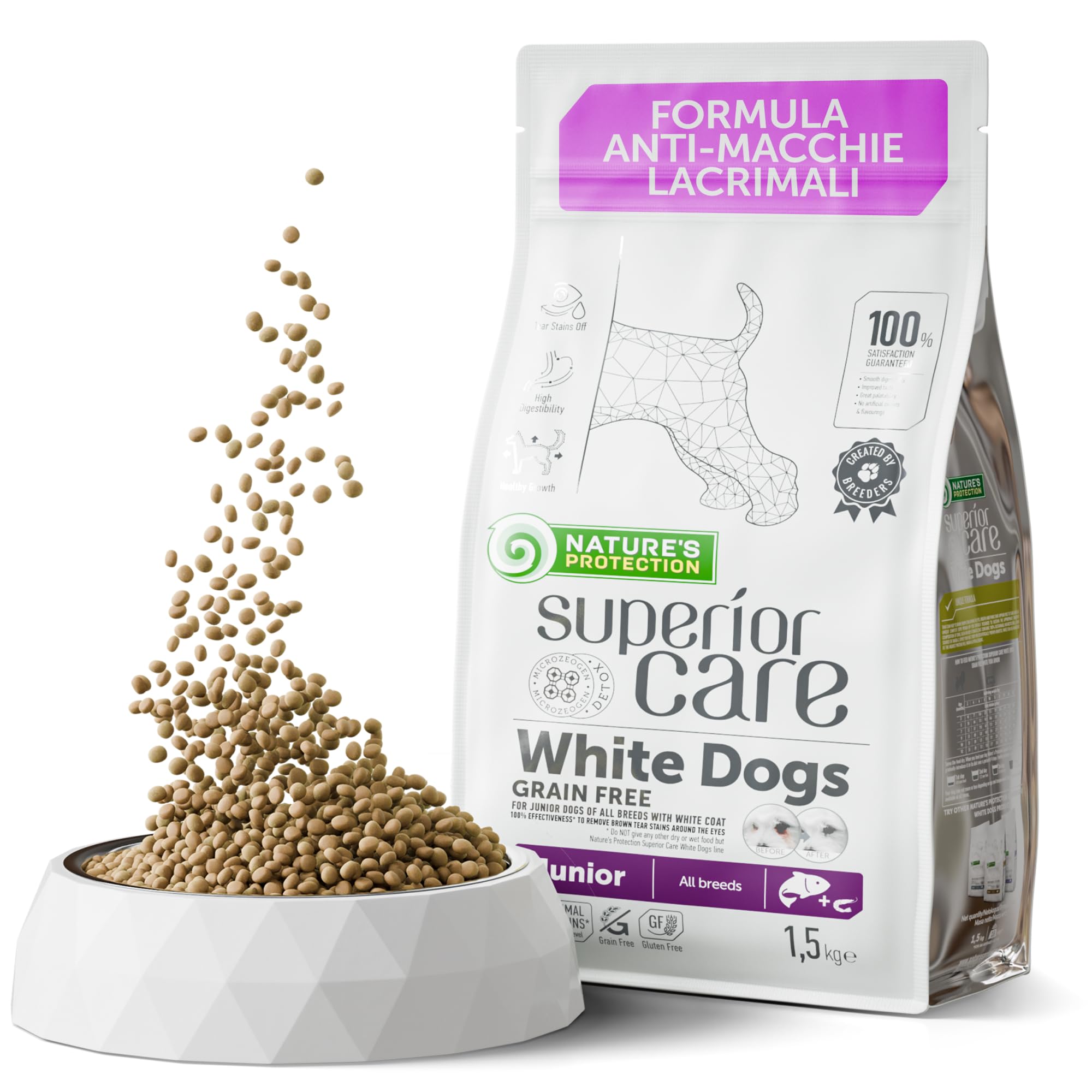 Nature's Protection Cani bianchi di cura superiore (Maltese, Bichon Frise) Cibo secco I Grain Free I Junior (da 3 a 12 mesi di età) Tutte le razze con cappotto bianco I Salmone I No Lacrima, 1,5 kg