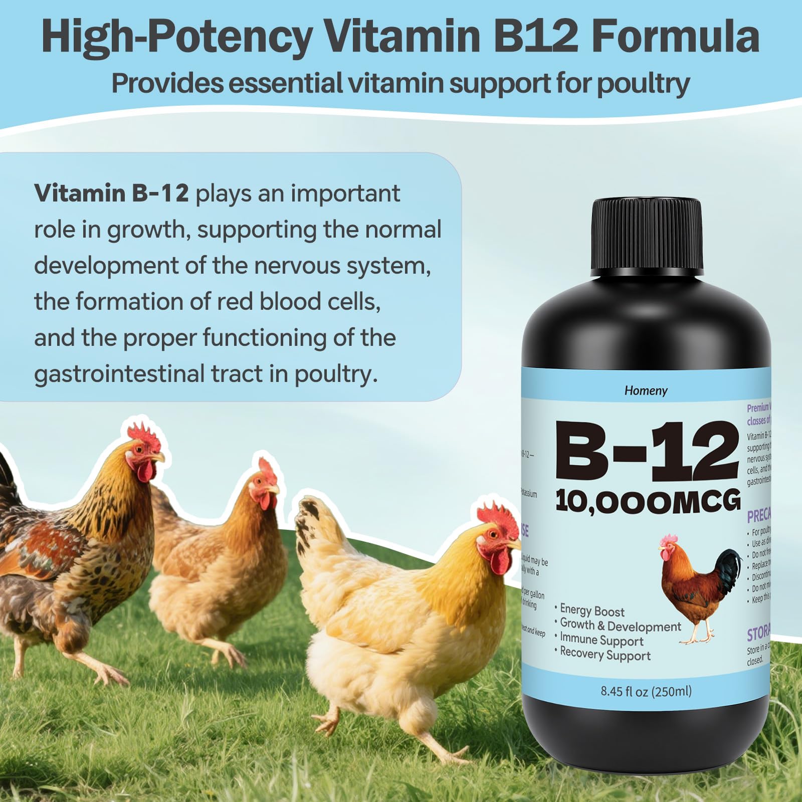 Vitamin B12 Liquid for Poultry, 10000 MCG Nutritional Supplement for Chickens, Supports Daily Vitality & Development, Liquid Vitamin Feed Additive for Hens, Roosters, Ducks, Geese & Turkeys — Amazon image 3