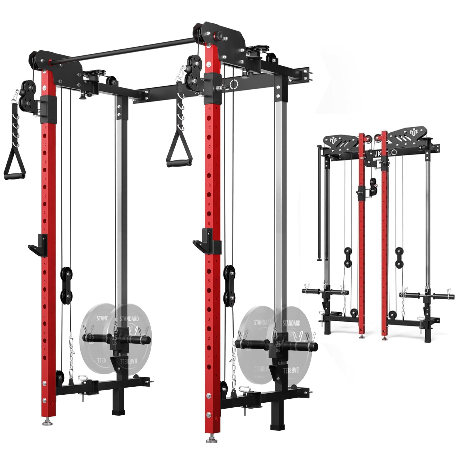 Mikolo Folding Squat Rack, Wall Mounted Power Rack with Cable Crossover Machine & LAT Pull Down, Functional Trainer with 5 Adjustable Function Modes, for Home Gym and Space Saving