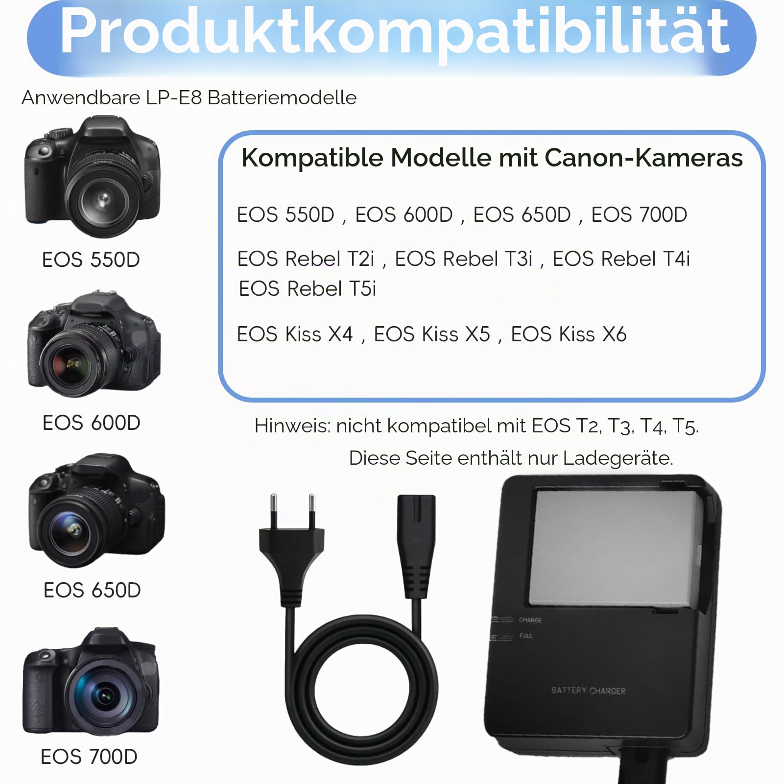 LP-E8 Akku Ladegerät für Canon EOS 550D 600D 650D 700D, Digitalkamera Schnellladegerät für EOS Kiss X4 X5 X6i X7i für LC-E8 LP-E8 Akku, Camera Battery Charger für Rebel T2i T3i T4i T5i SLR Kameras