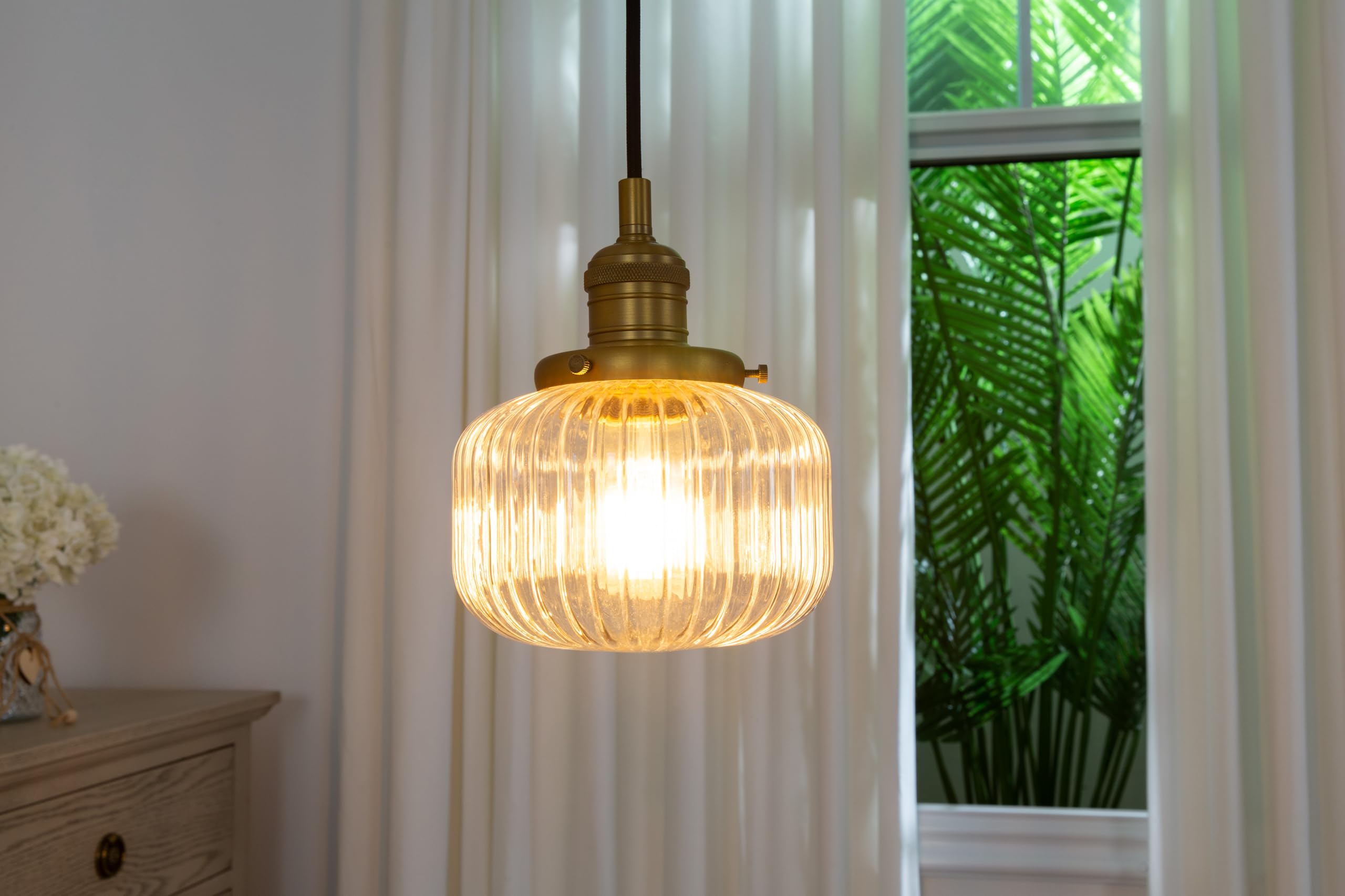 Yosoan Industrial Vintage Loft Bar Striped Pendant Light Fixture, Glass Ceiling Light for Kitchen Island Living Room Bedroom (Antique Gold)