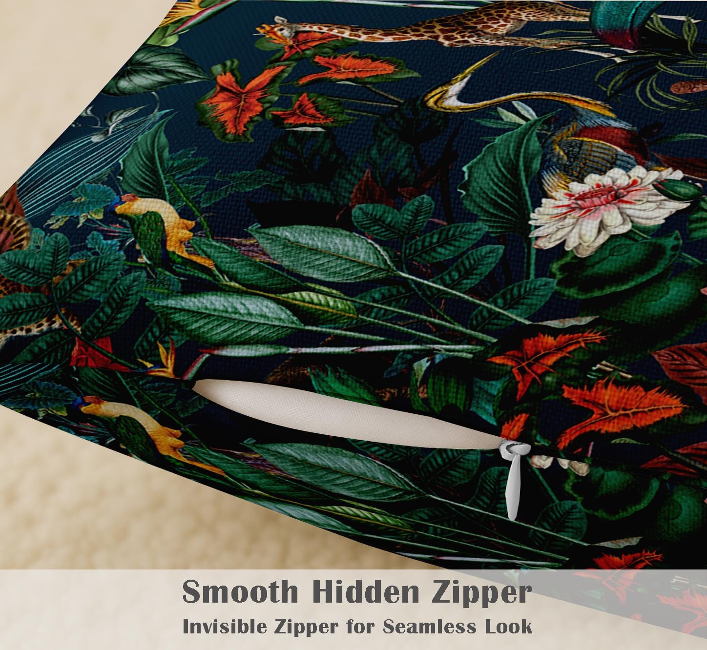 Set of 4 16x16 Inch Pillow Covers - 100% Cotton, Decorative Tropical Print, Double-Sided Print with Concealed Zipper - Filler Not Included - Black