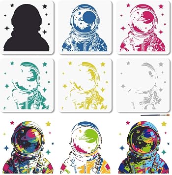 MAYJOYDIY 6Pcs Astronaut Painting Stencil Reusable Stars Planet Template | 11.811.8Inch Pet Sheet Set, 6 Layered Space Patterns, Matching Paint Brush, Draw On Canvas Furniture And Scrapbook Pages