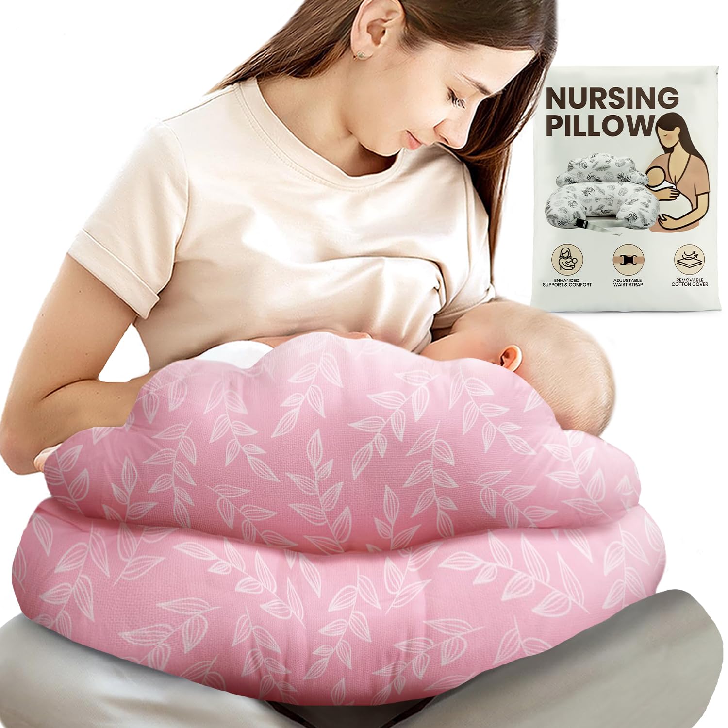 PILLANI Nursing Pillow, Breastfeeding Pillows for Enhanced Safety & Comfort for Mom & Baby, Removable Cotton Cover, Adjustable Waist Strap,