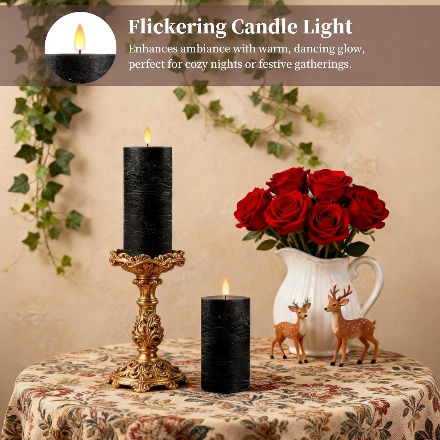 3 Set LED Candles, Indoor & Outdoor Candles with 10-Key Remote Timer Control, Flameless, Real Wax, Decoration for Christmas, Birthday, Wedding, Party, Black