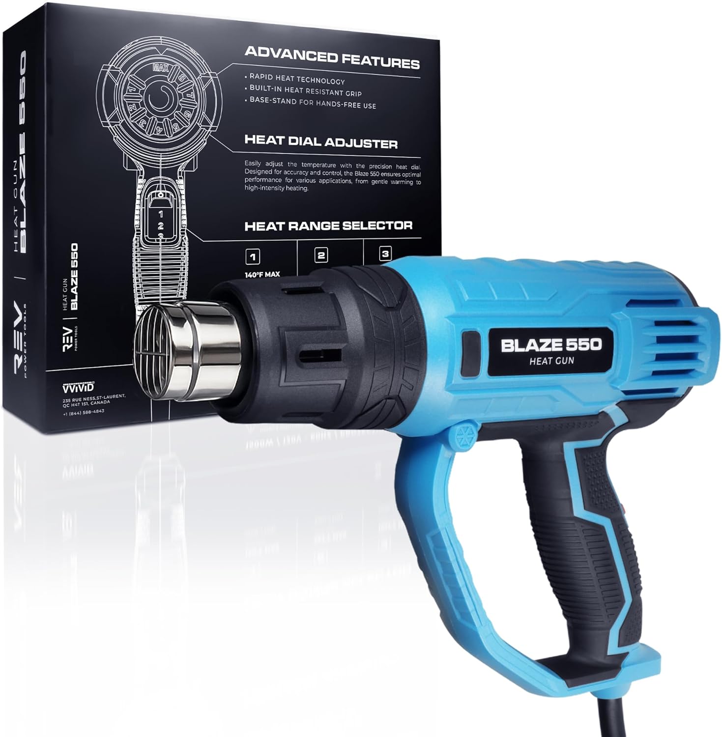 REV Blaze 550 Heat Gun, Fast Heating Heavy Duty, 3 Temp Settings up to 1022°F (550°C), Automotive Vinyl Application, Stripping Paint, Shrink PVC