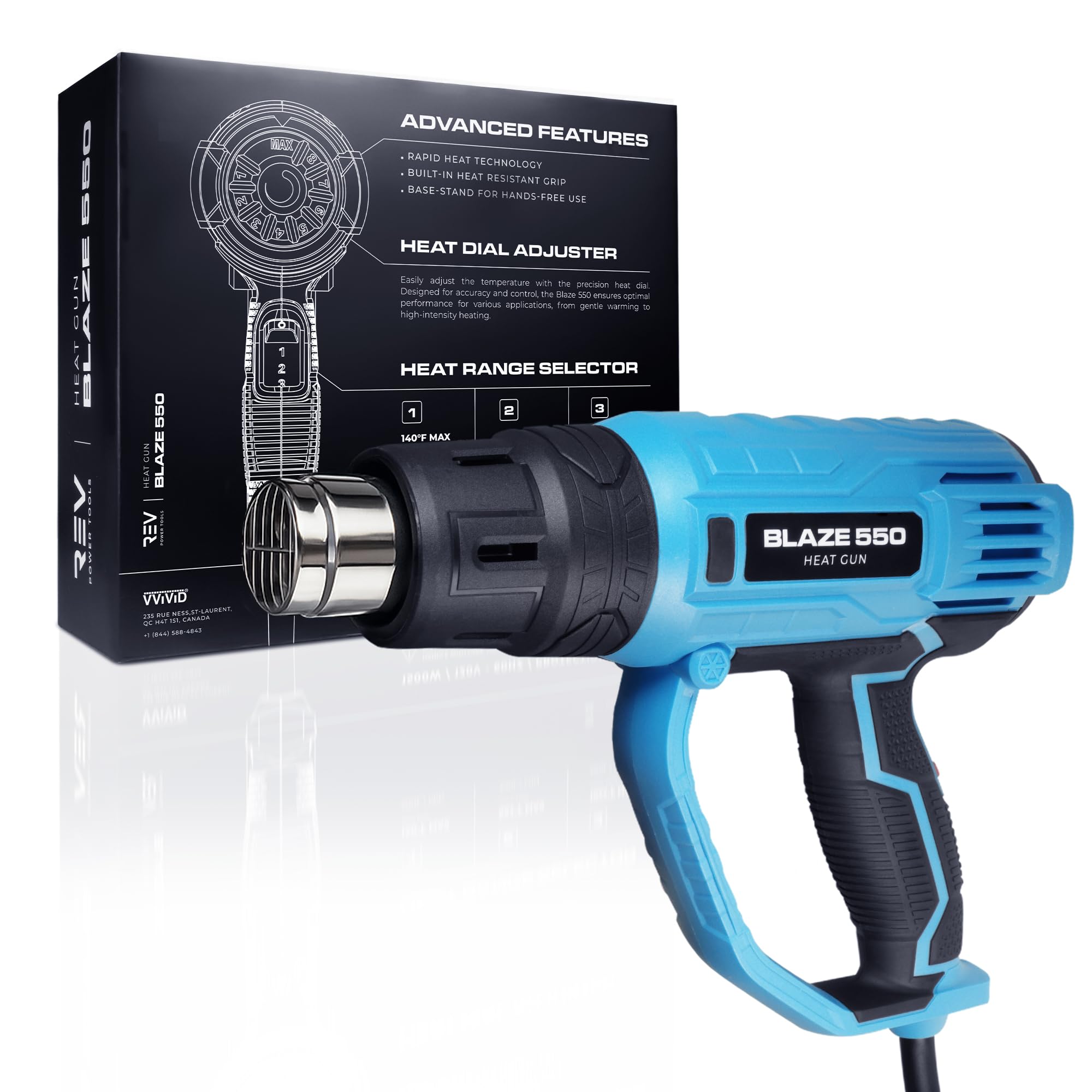 REV Blaze 550 Pistolet thermique à chauffage rapide très résistant, 3 réglages de température jusqu'à 550 °C, application de vinyle automobile, peinture à dénuder, PVC rétractable