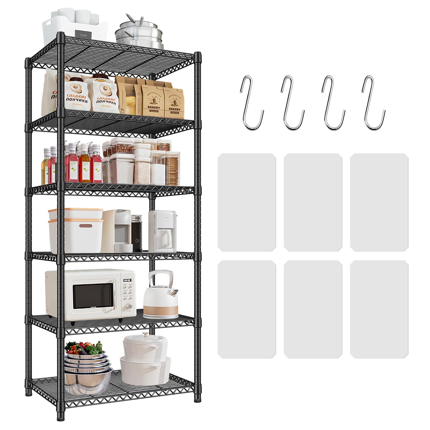Wooruy 6-Shelf Storage Unit With Height Adjustable Shelves and Levelling Feet,6 Tier Shelving Unit,Metal Storage Shelf for Kitchen Hallway Bathroom Living Room,Black (60D x 45W x 183H)