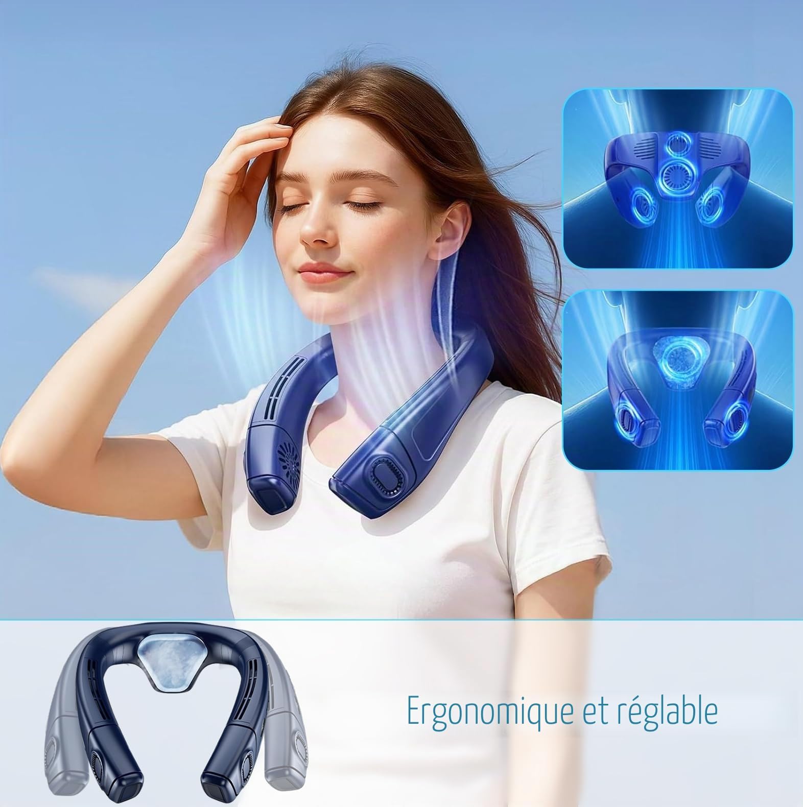 Ventilador de cuello portátil con placa grande de refrigeración, ventilador pequeño aire acondicionado cuello móvil silencioso 6000mAh recargable, 360° refrescante flujo de aire trasero para oficina