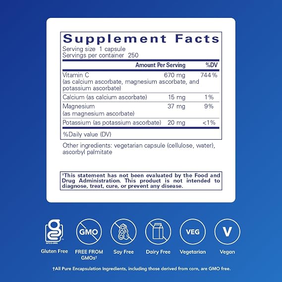 Pure Encapsulations Buffered Ascorbic Acid Capsules, 250 Capsules