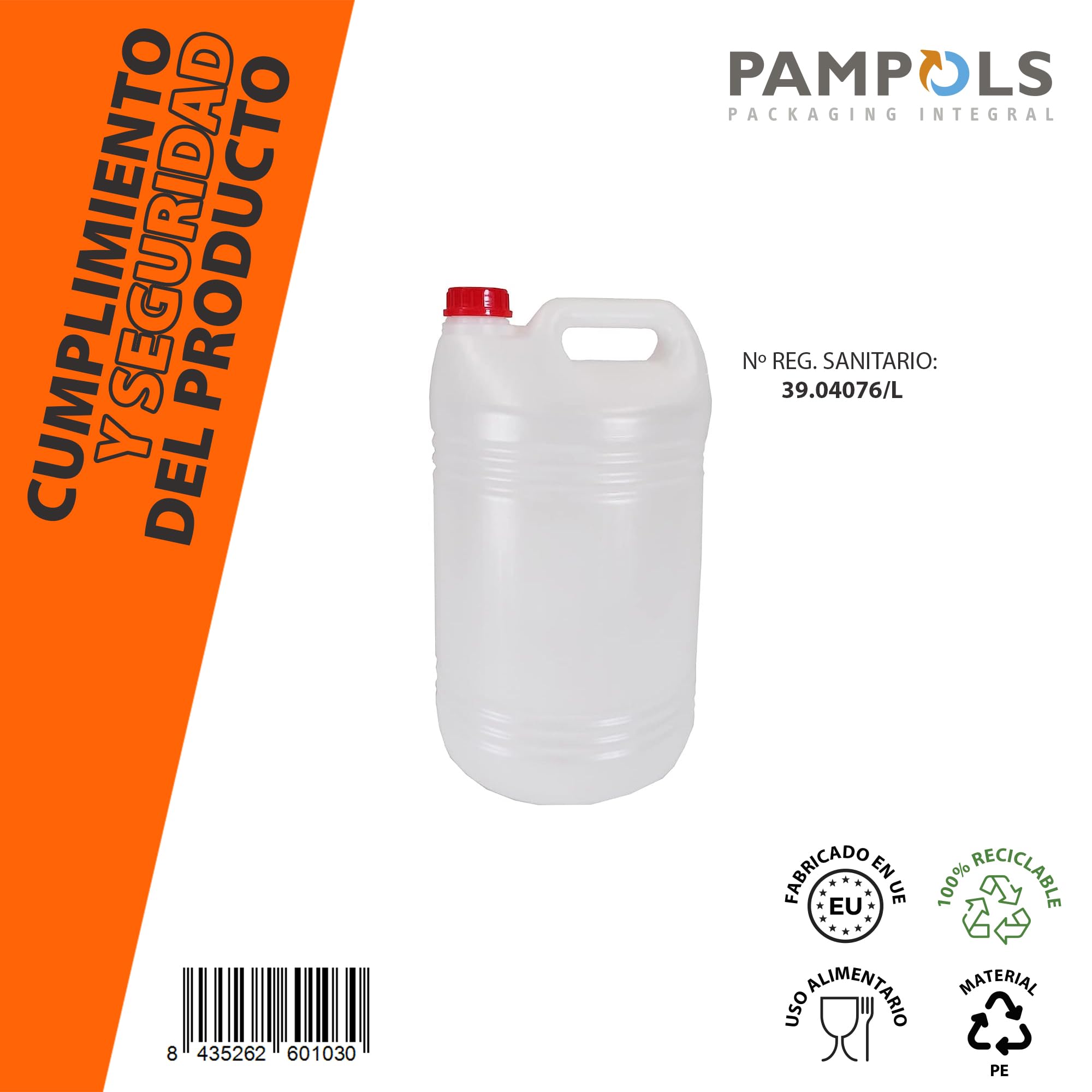 Garrafa de 10 Litros con Asa y Tapón de Seguridad | Polietileno de Gran Resistencia | Forma redonda |Diámetro de boca 32 mm | Pack de 12 unidades.