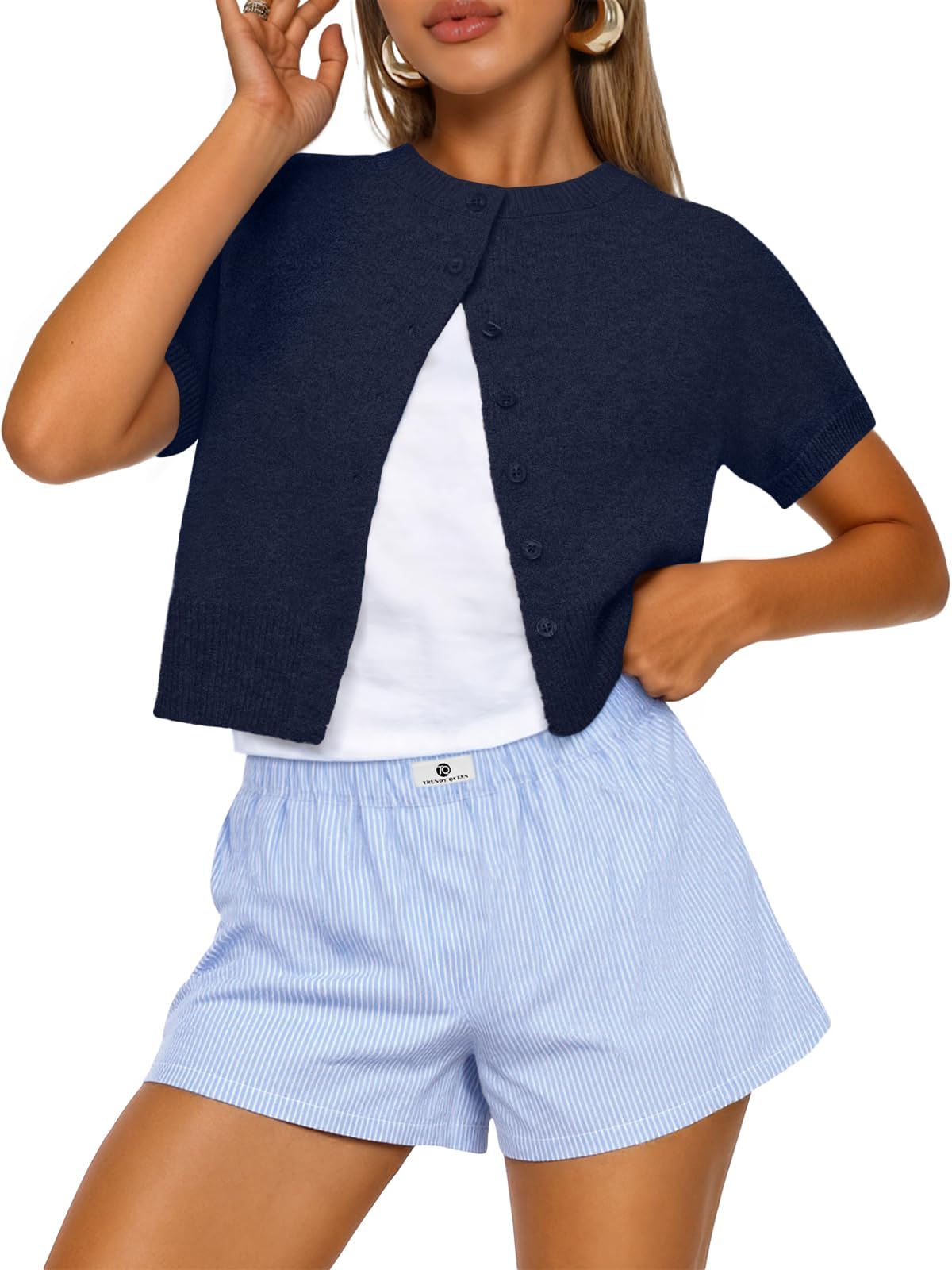 Trendy Queen Cropped Short Sleeve Cardigan Sweaters for Women Summer Lightweight Spring Outfits Y2k Fashion Clothes 2026