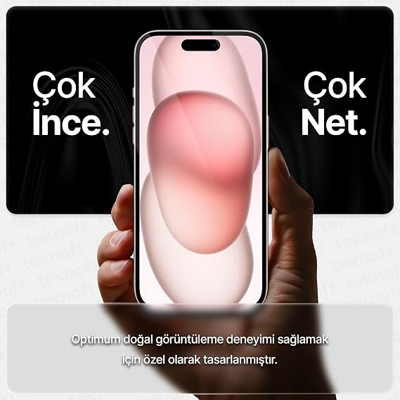 Teknoft iPhone 15 ile Uyumlu Otomatik Hizalama Aparatlı Takılırken Toz Toplama Özellikli Ekstra Güçlendirilmiş Lazer Kesim Ekran Koruyucu Kırılmaz Cam