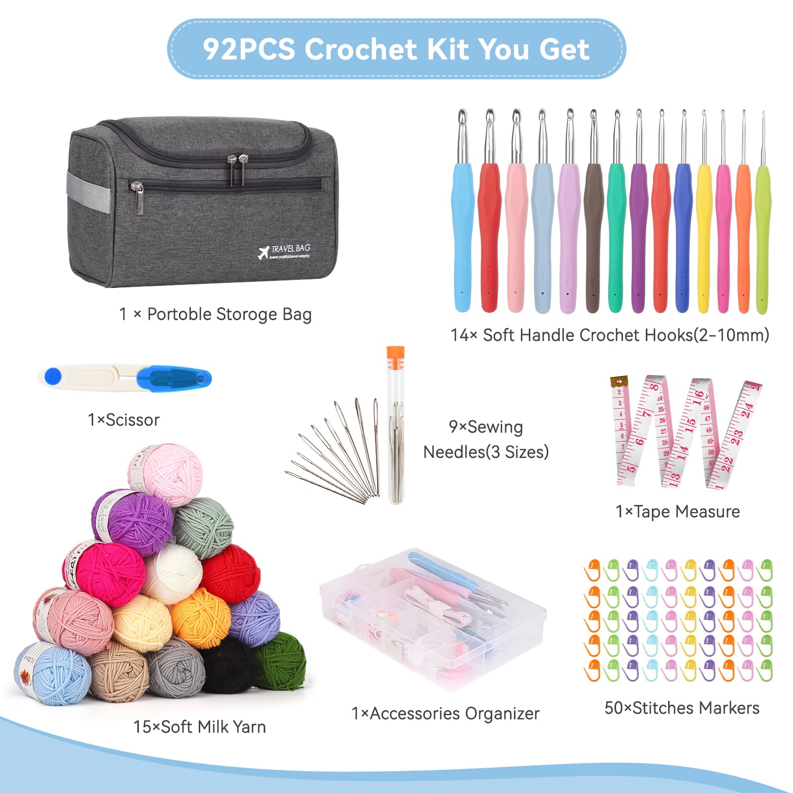 Reessy Crochet Kits for Beginners Adults Complete Crochet Kit with 15Pcs × 25g Yarn14 Size Ergonomic Metal Crochet Hooks 2.0-10.0mm Storage Bag - Image 2