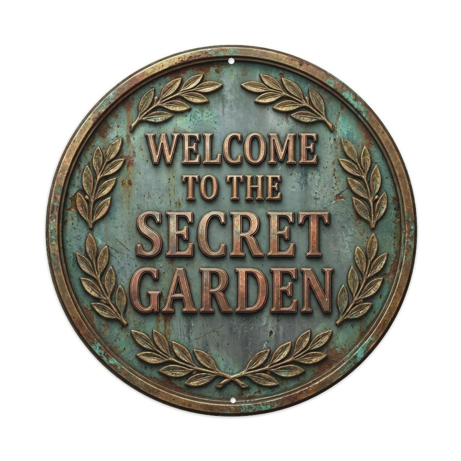 Vintage Welcome Secret Garden Gold Greygreen Laurel Metal Tin Sign