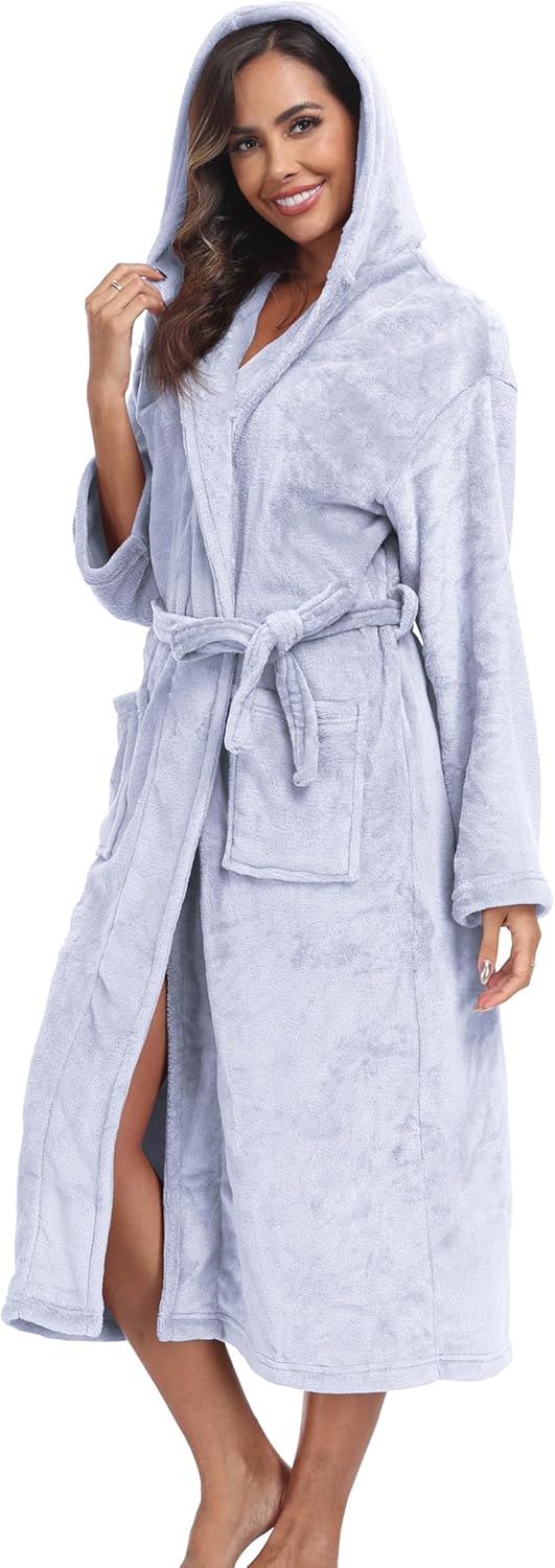 Womens Hooded Plush Bathrobe Warm Fleece Soft Long Robe Fuzzy Full Length Gown Shower Spa House Kimono for Women - Image 3