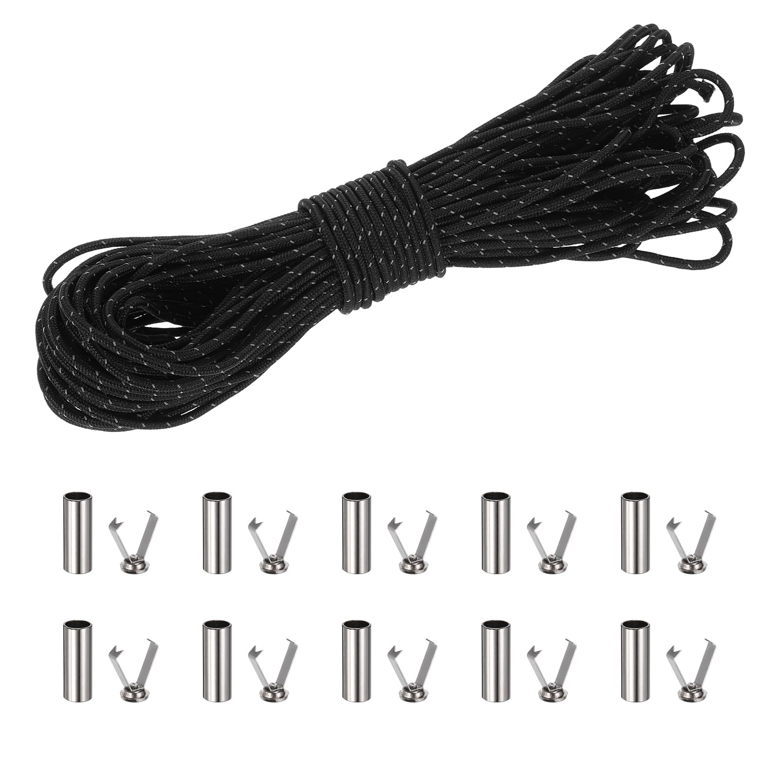 sourcing map 3mm Reflective Guyline Camping Paracord, 65ft Thin Reflective Cord Rope with Cord End Caps for DIY Shoe Laces, Tarp Hiking Tent Camping, Black