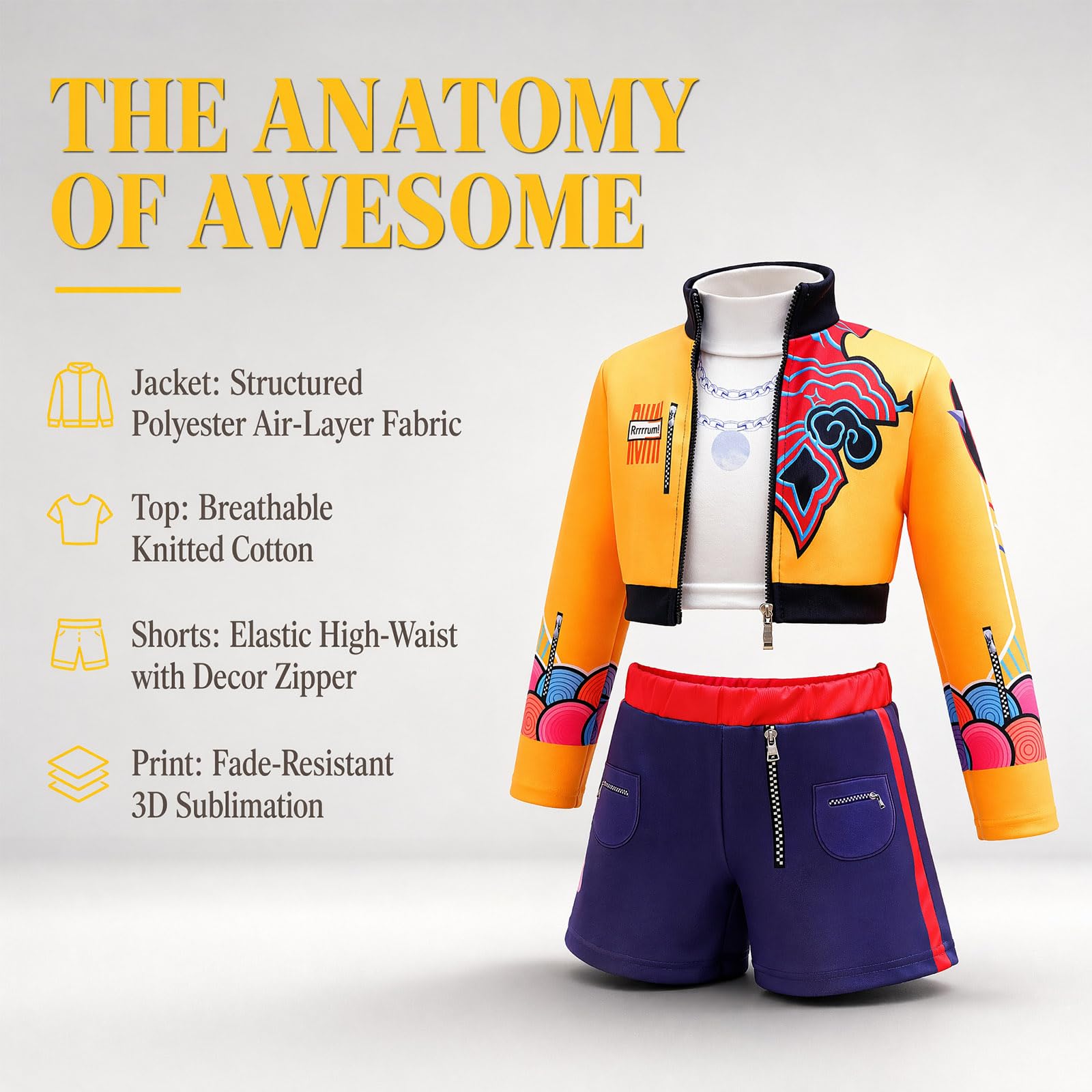 Simsky Anime Cosplay Kostüm für Mädchen, Idol Sängerin Outfit Set, Bühnenkleid mit Jacke, Hose und Aufklebern, Karneval Fasching Party Anzug für Teenager