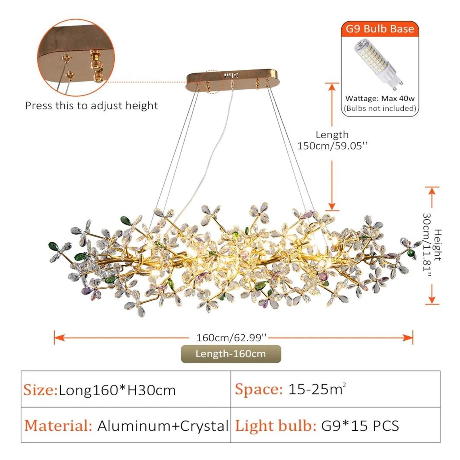Generico Lampadari, Lampadario di cristallo da soffitto for sala pranzo, tavolo cucina, camera letto, lampadari lusso con fiori dorati, luci pendenti(3 Color,L160cm)
