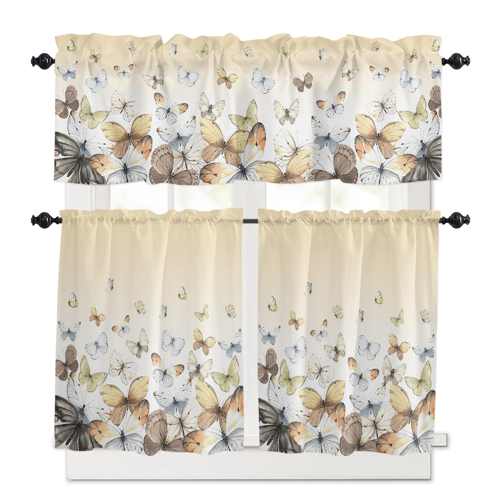 Rod Pocket Curtain Valance Vintage Butterfly Kitchen Curtains Set - 24 Inch  Watercolor Retro Rod Pocket Window Treatments Bathroom Window Treatments, image size:1600x1600