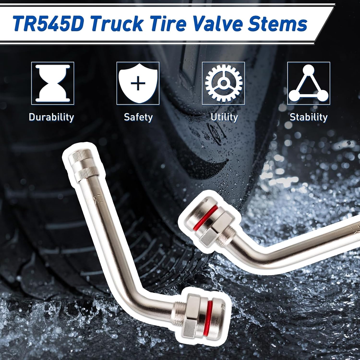 TR545D Truck Tire Valve Stems - 10 Pack 60° Bend Brass/Clamp-in Valve Stems for Alcoa 22.5” & 24.5” Aluminum Wheels, 9.7mm Rim Hole, 200 PSI, SAE J1205/J1206 Certified