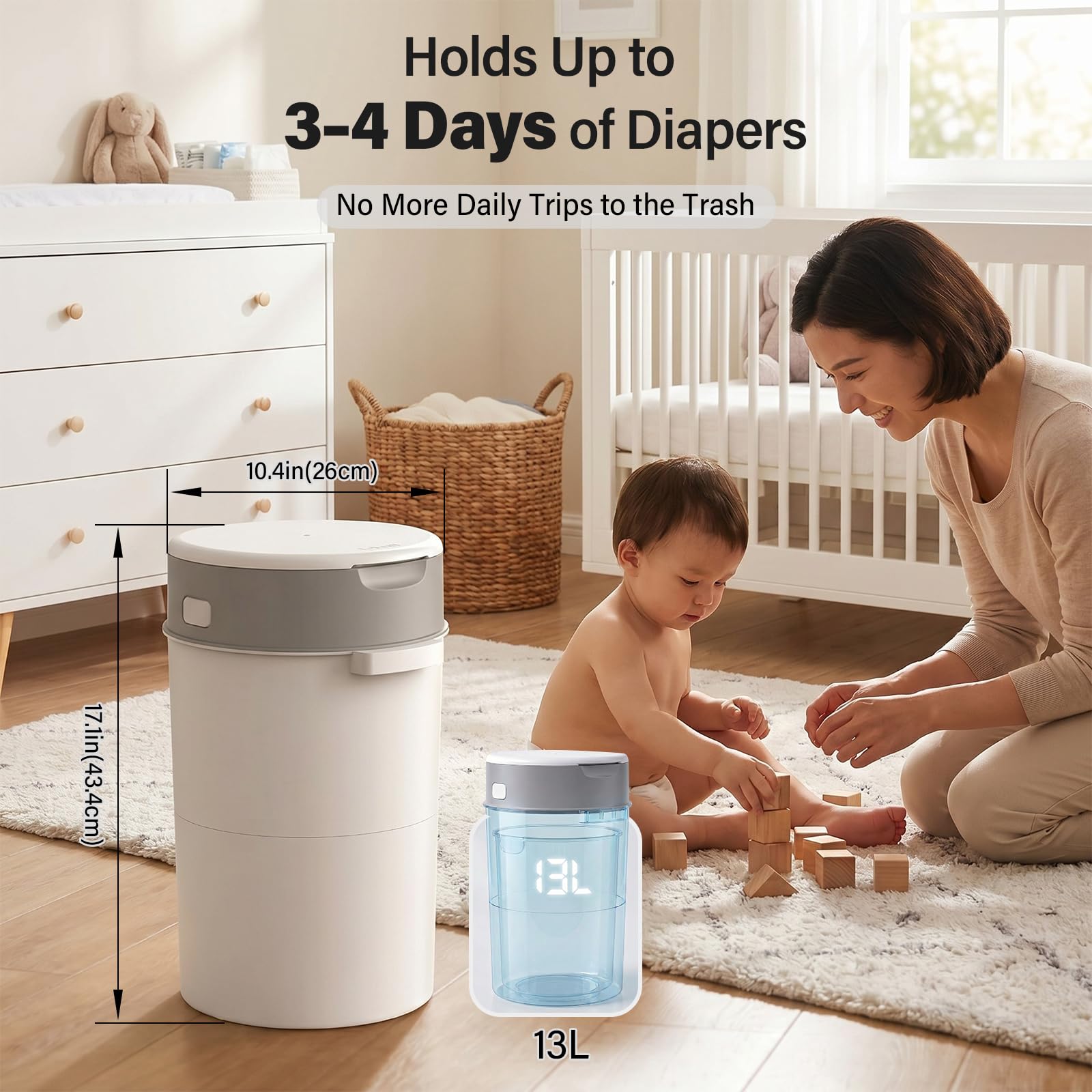 Pattumiera per pannolini da 13 l, con coperchio, inodore, con sistema girevole e sigillante, contenitore igienico per pannolini, smaltimento a mani libere, per la cameretta dei bambini