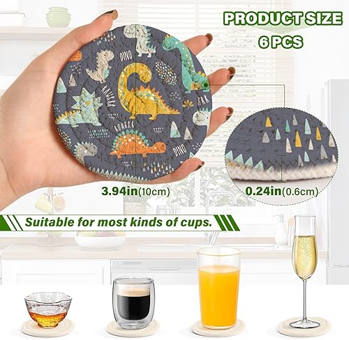 Miniatura 3 de Coasters with Holder Set of 6 Coasters for Drinks Absorbent Coasters for Office Posavasos para Mesa Cute Funny Colorful Dinosaurs
