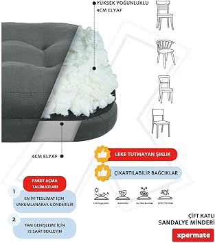 XPERMATE Çift Kat Sandalye Minderi Fermuarlı Yıkanabilir Kılıf Bağcıklı Su ve Yağ İtici 42x42x8 cm (ANTRASİT)