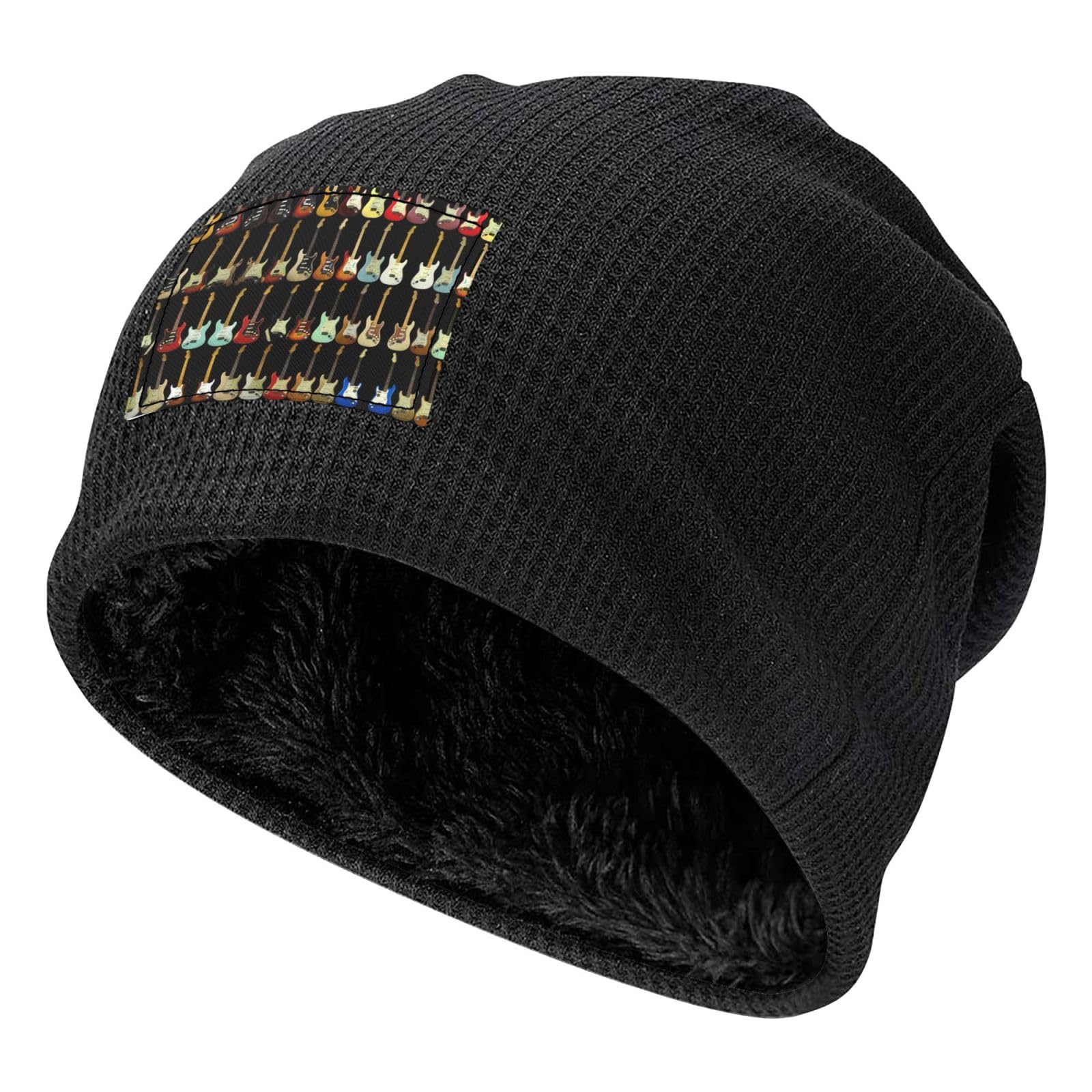 ESNAIUVCD Art Guitar Pattern Print Waffle Knit Winter Beanie â€“ Warm Hats for Men,Lined Stretchy Winter Hats Soft Cuffed Warm Wooly Hat Black