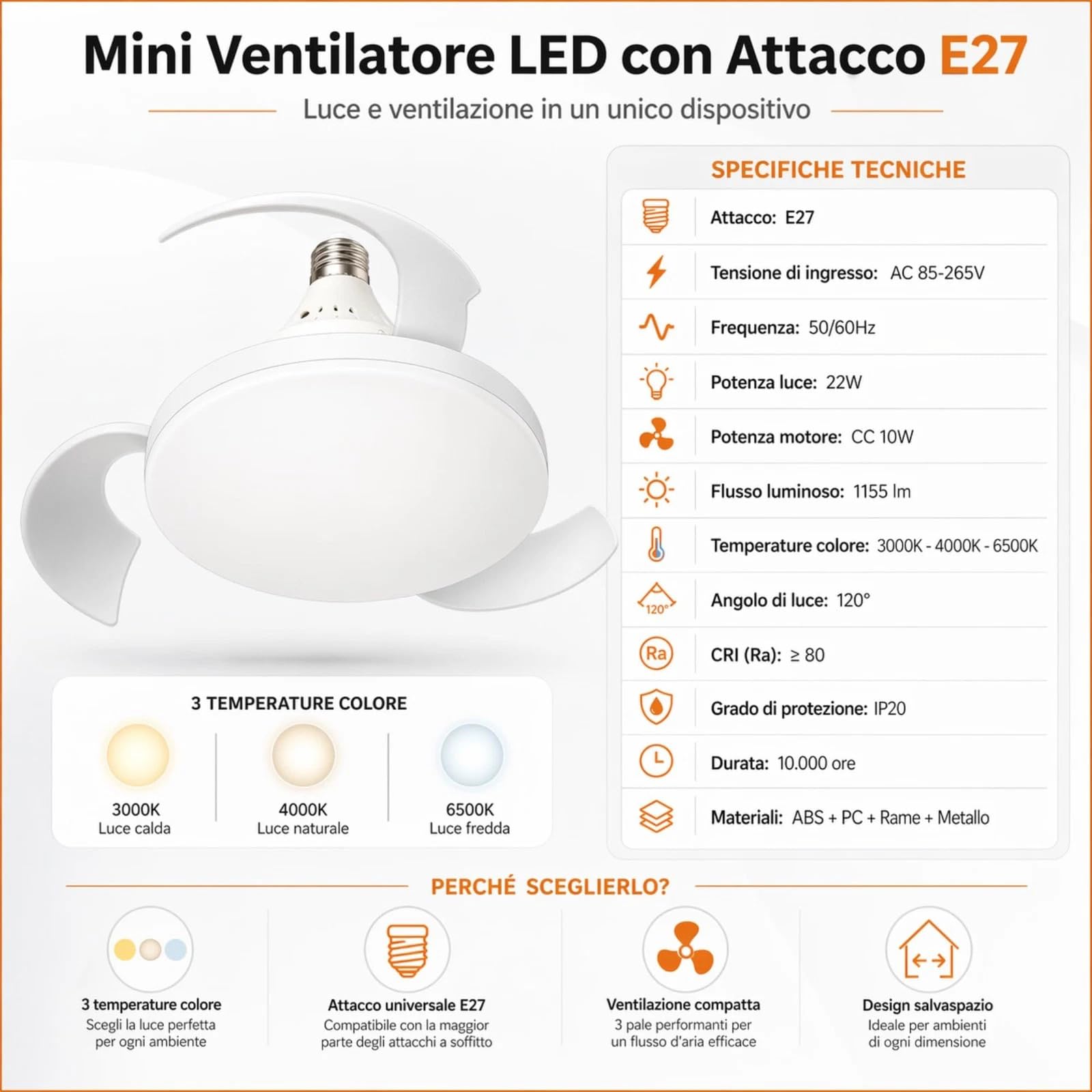 Planetitaly Lampadina E27 2 in 1 lampada dimmerabile LED 19W CCT da 3000K a 6500K ventilatore 3 velocità con telecomando luce per camera da letto, cucina, ufficio, soggiorno, 230V diametro 420mm
