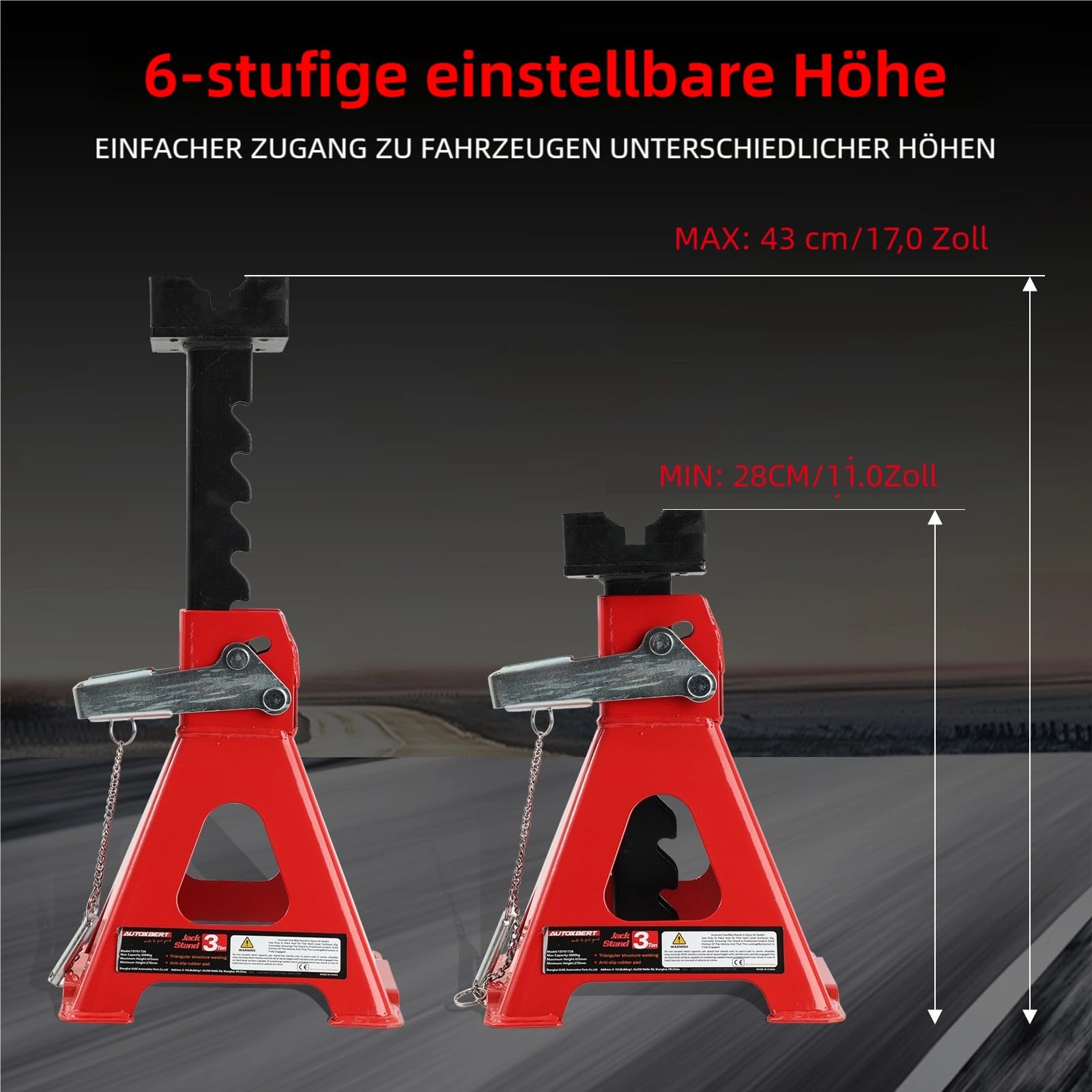 AUTOXBERT Unterstellböcke KFZ Höhenverstellbare, 2er Set mit je 3 t Tragkraft, mit Gummiauflage und Sicherungssystem, Hubhöhe 280-430 mm, für Auto und PKW