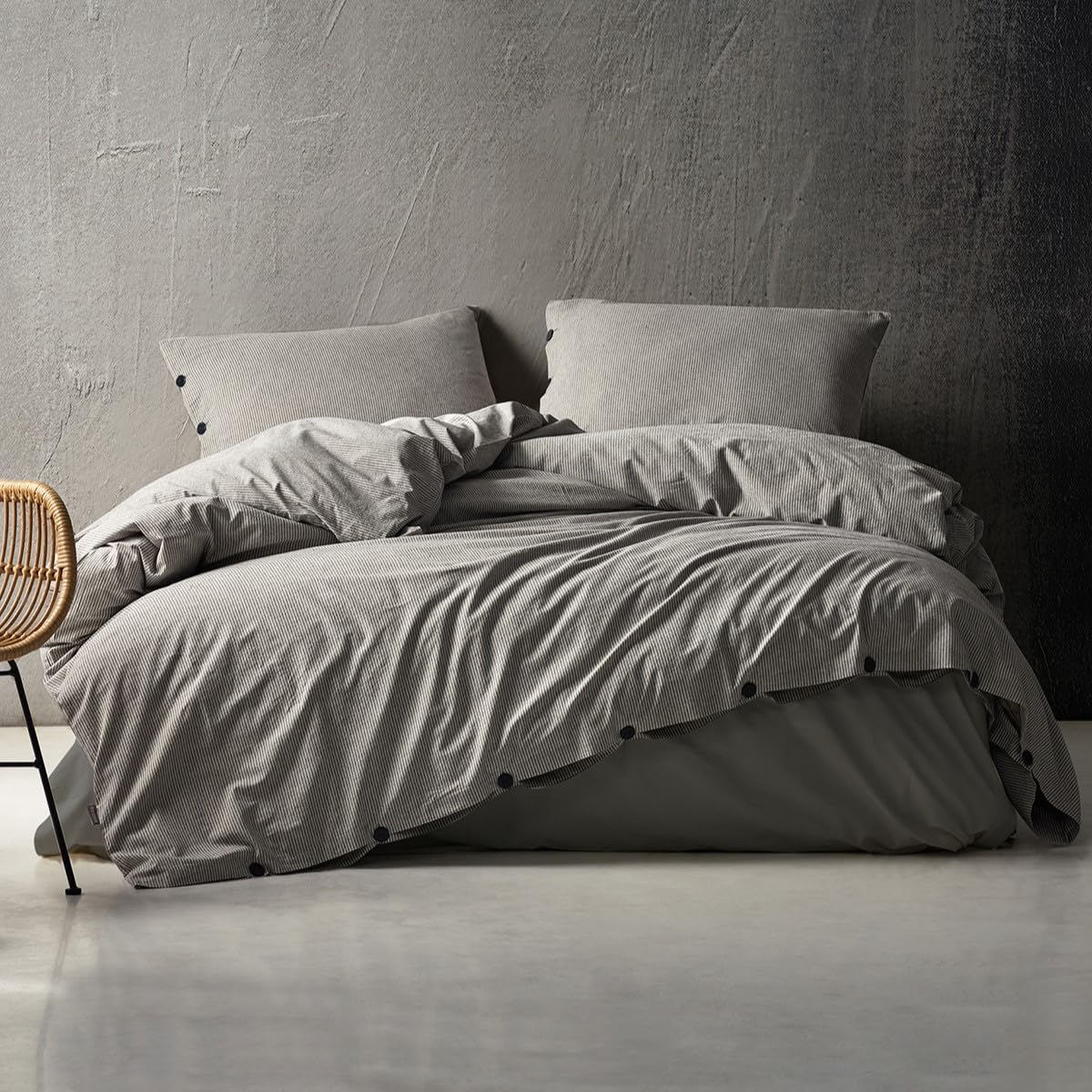 LILENSE 100% Cotton Double Size Duvet Cover Set - Washed Yarn Dyed, Striped 3pcs Bedding with Pillowcases, Button Closure (Gray)