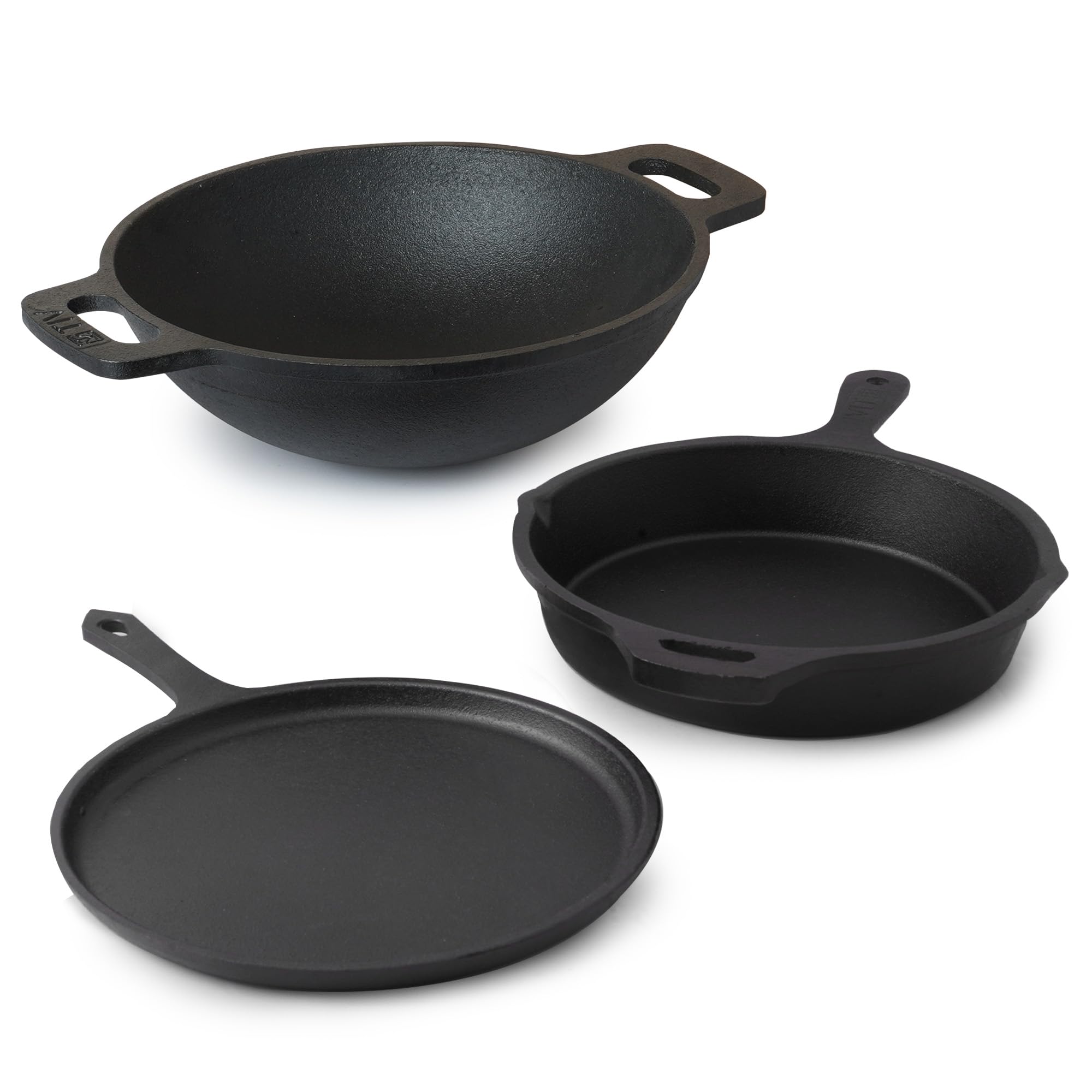 The Indus Valley Pre-Seasoned Cast Iron Cookware Set | Tawa (25.7 Cm) + Kadai (25.6 Cm/2.4L) + Fry Pan (25 Cm/1.6L) | Kitchen Cooking Combo Pots And Pans Set Of 3Pcs | Naturally Nonstick - Black