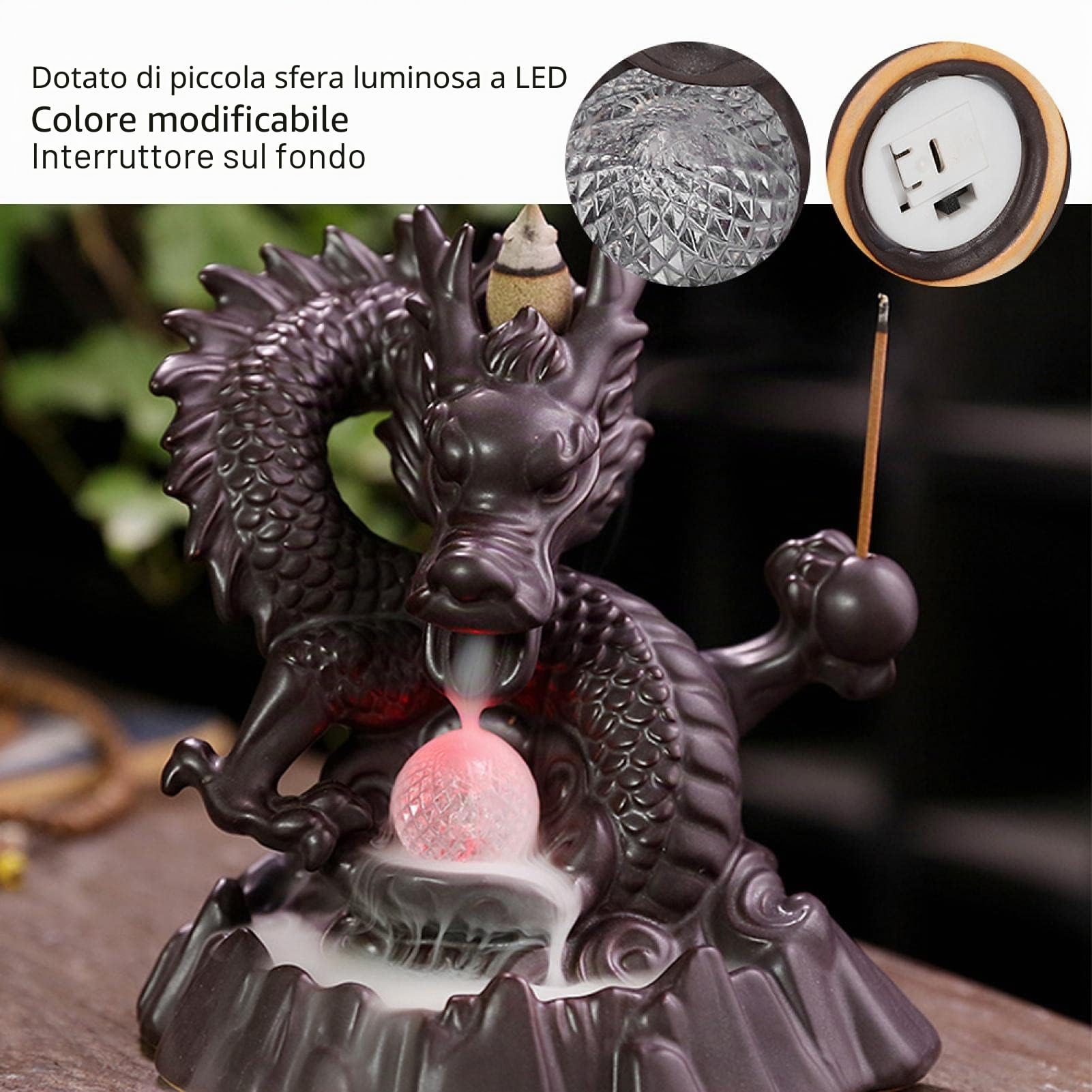 Bruciatore di Incenso a Cascata con Riflusso di Alta Qualità,Porta Incenso in Ceramica, Porta Incenso a LED, a Forma di Drago, a Riflusso di Fumo per l'arredamento dell'ufficio Domestico